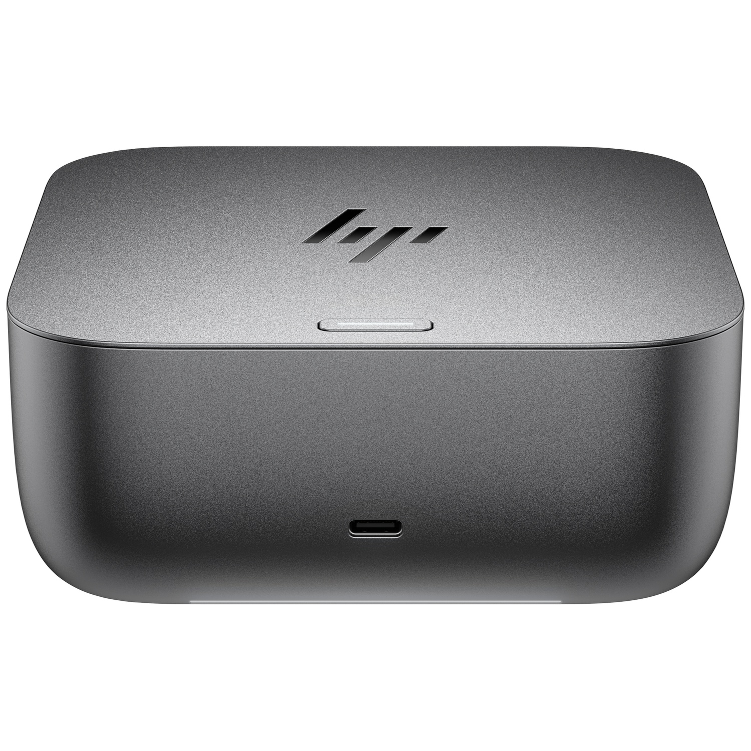 Een grijze HP docking station. Het heeft afgeronde hoeken, een HP-logo en een USB-C-poort. De achtergrond is wit.