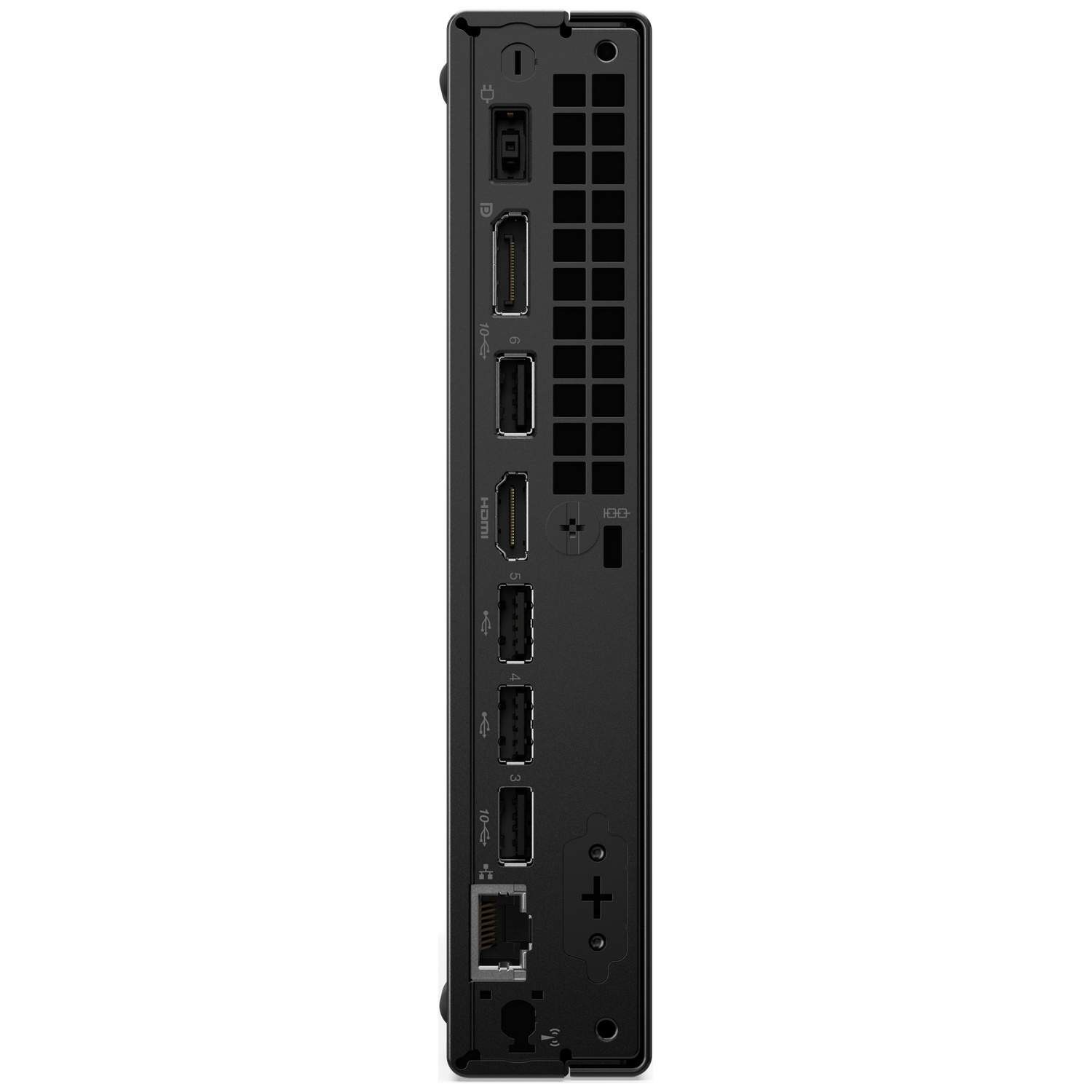 Black computer device with various ports including USB, HDMI, and Ethernet, positioned vertically against a white background.