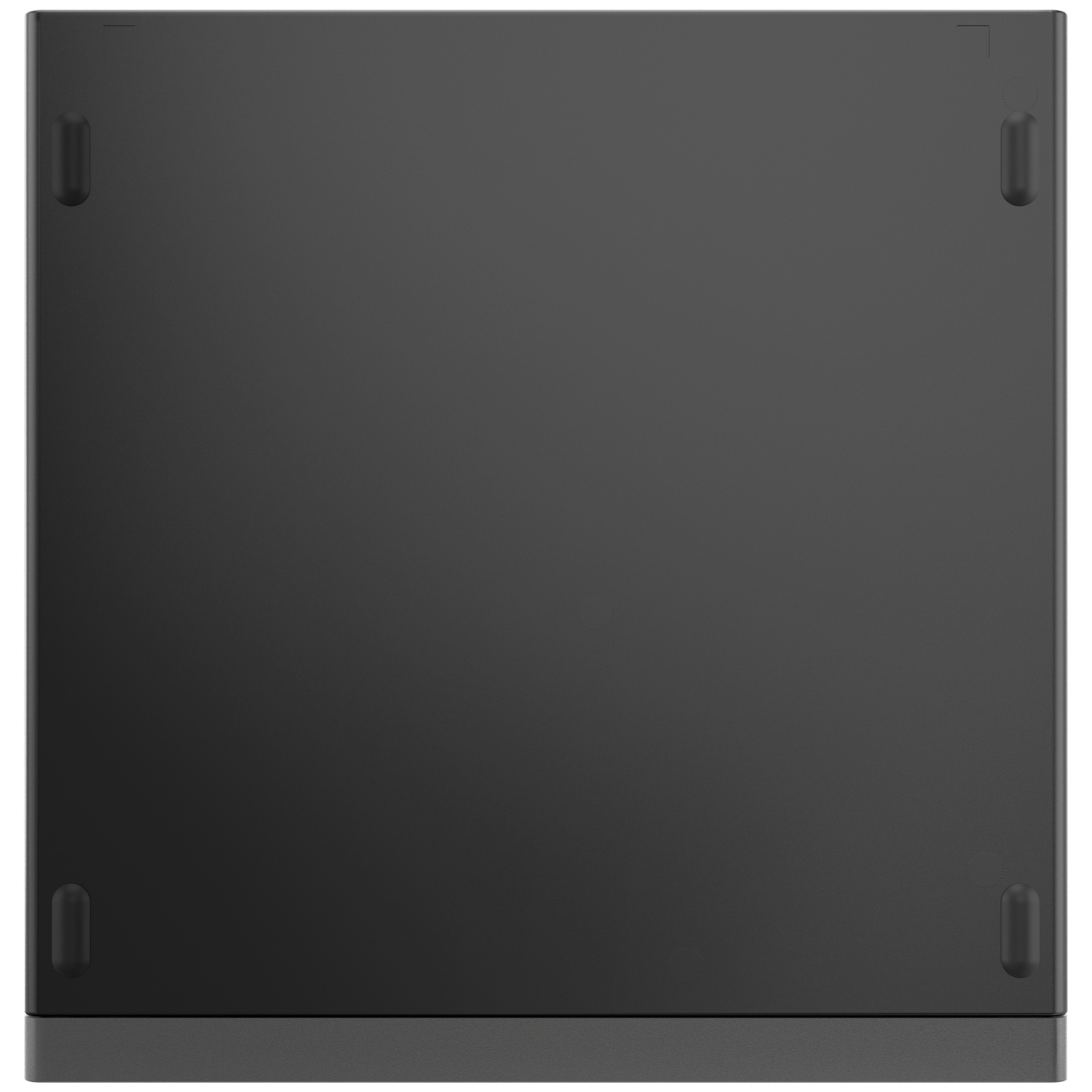 A close-up, top-down view of a dark gray rectangular device. It has rounded corners and four small, rectangular feet.