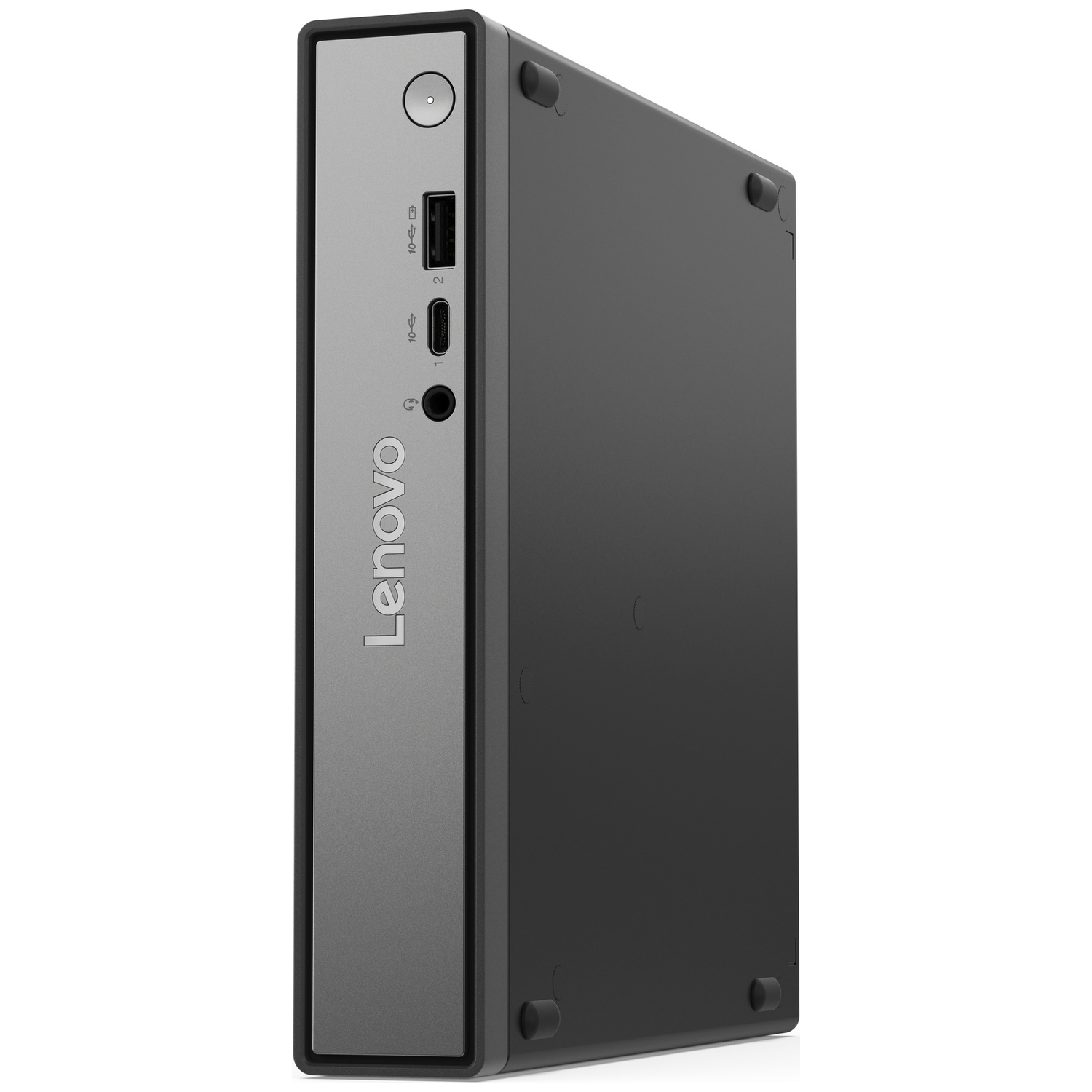 A small, black Lenovo desktop computer. It has a silver front panel with ports and the Lenovo logo. The computer is on a white background.