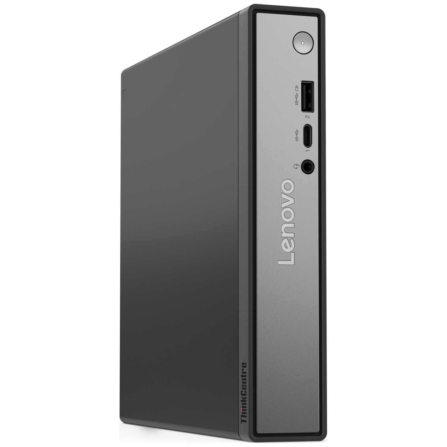 A black and gray Lenovo ThinkCentre desktop computer. It has ports, a power button, and the Lenovo logo on the front.