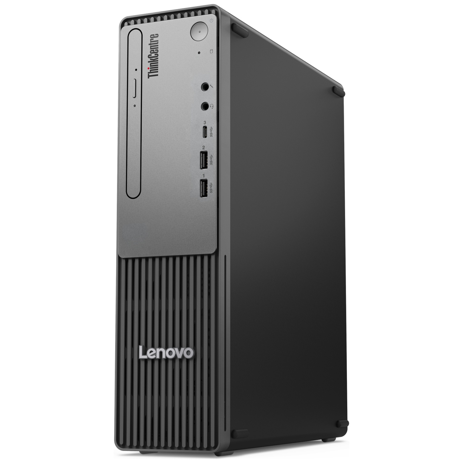 A Lenovo ThinkCentre desktop computer. It is black and silver, with the Lenovo logo at the bottom and ThinkCentre at the top.
