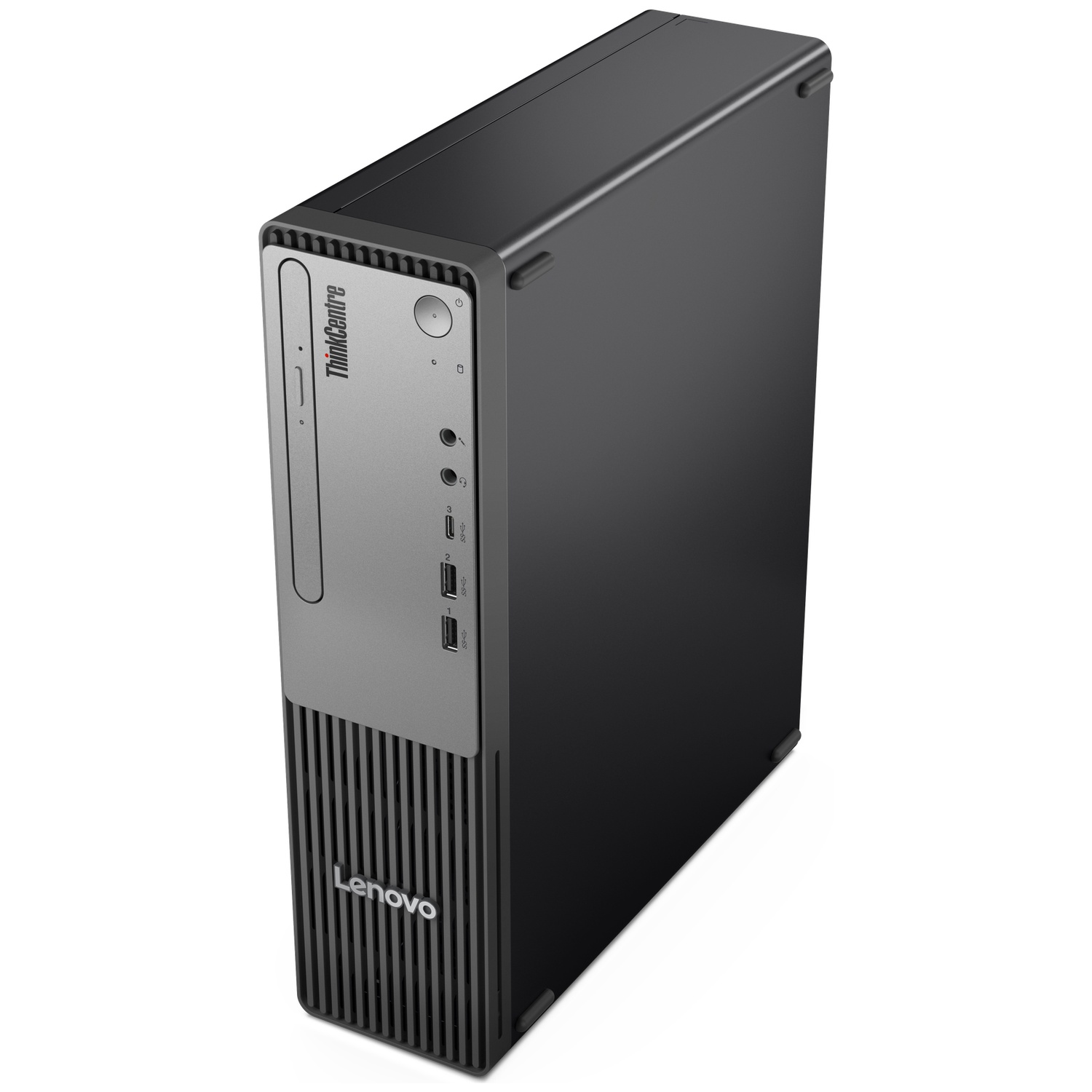 A black and gray Lenovo ThinkCentre desktop computer. The front has a ThinkCentre logo and Lenovo logo.