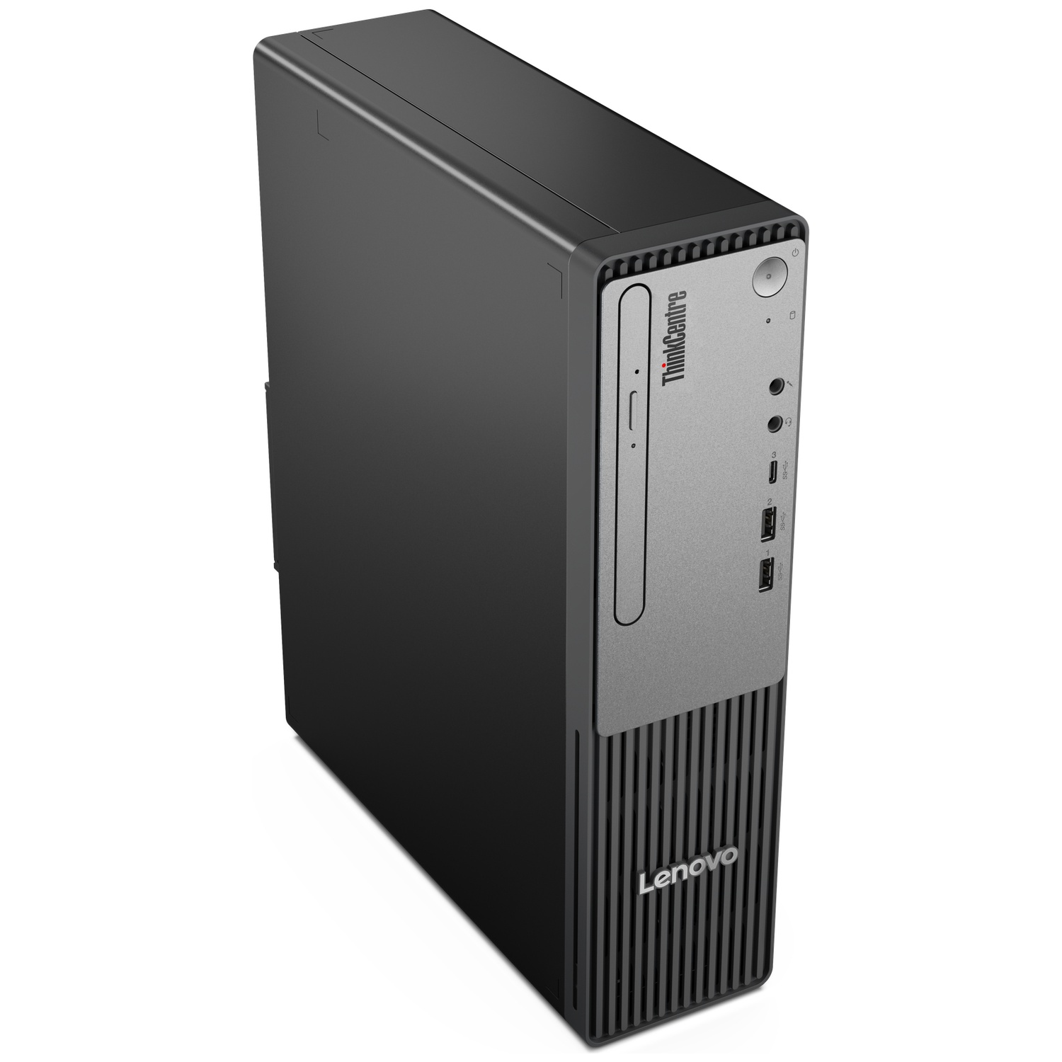 A black and gray Lenovo ThinkCentre desktop computer on a white background. The front has the Lenovo logo and ThinkCentre.