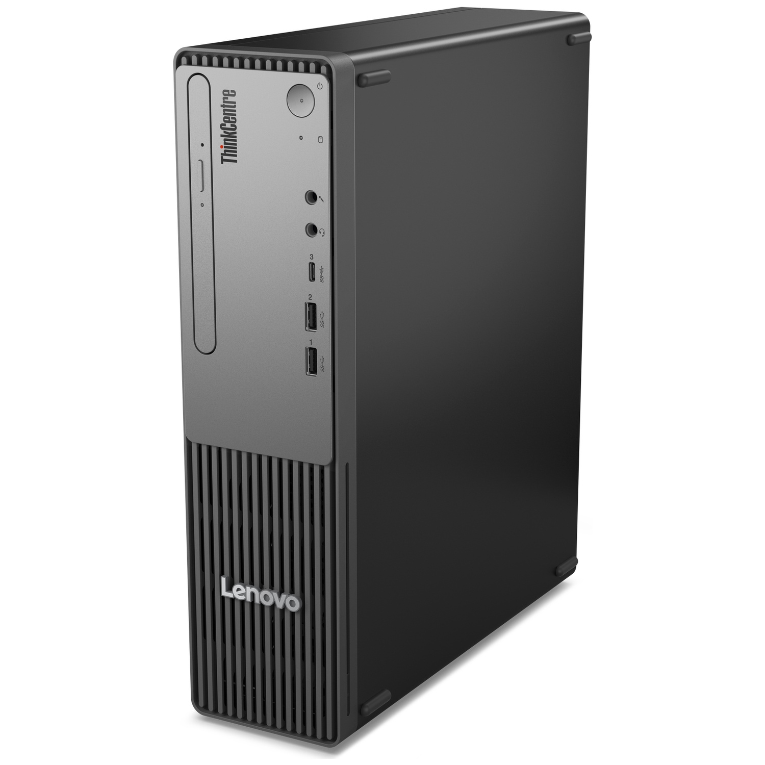 A Lenovo ThinkCentre desktop computer. It's black and gray, with the Lenovo logo. The front has a vertical design.