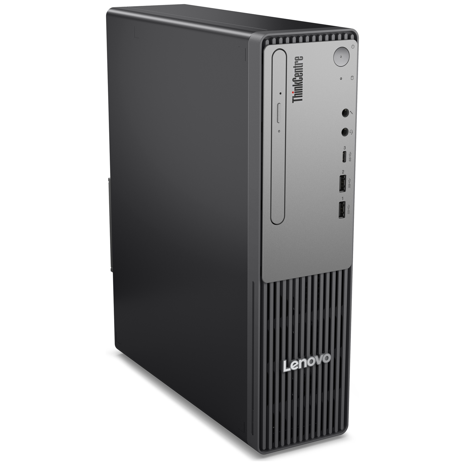 A black Lenovo ThinkCentre desktop computer. The front has a silver panel and a Lenovo logo. The case is black and has ventilation.