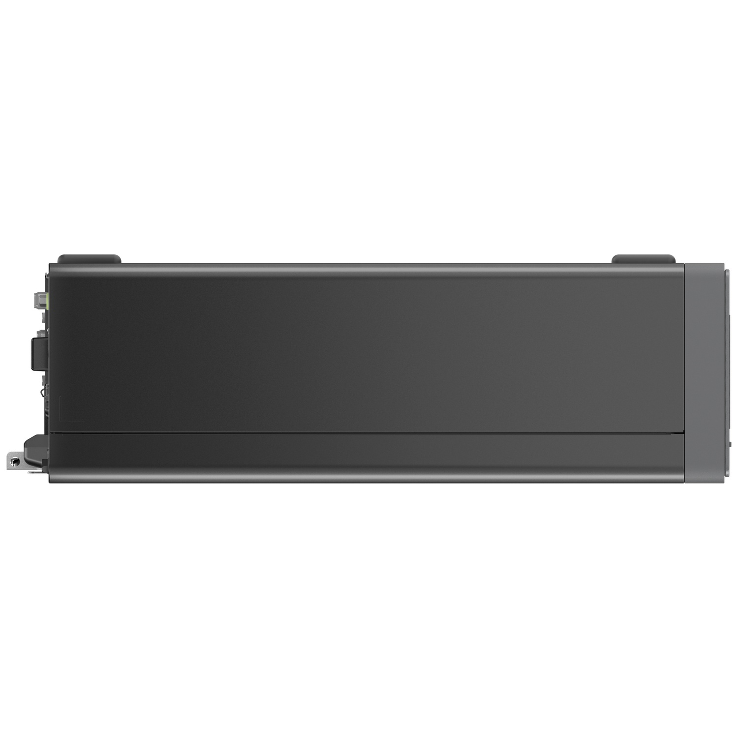 A dark gray rectangular device is centered, with a light gray edge on the right.  The device has small black components on the sides.