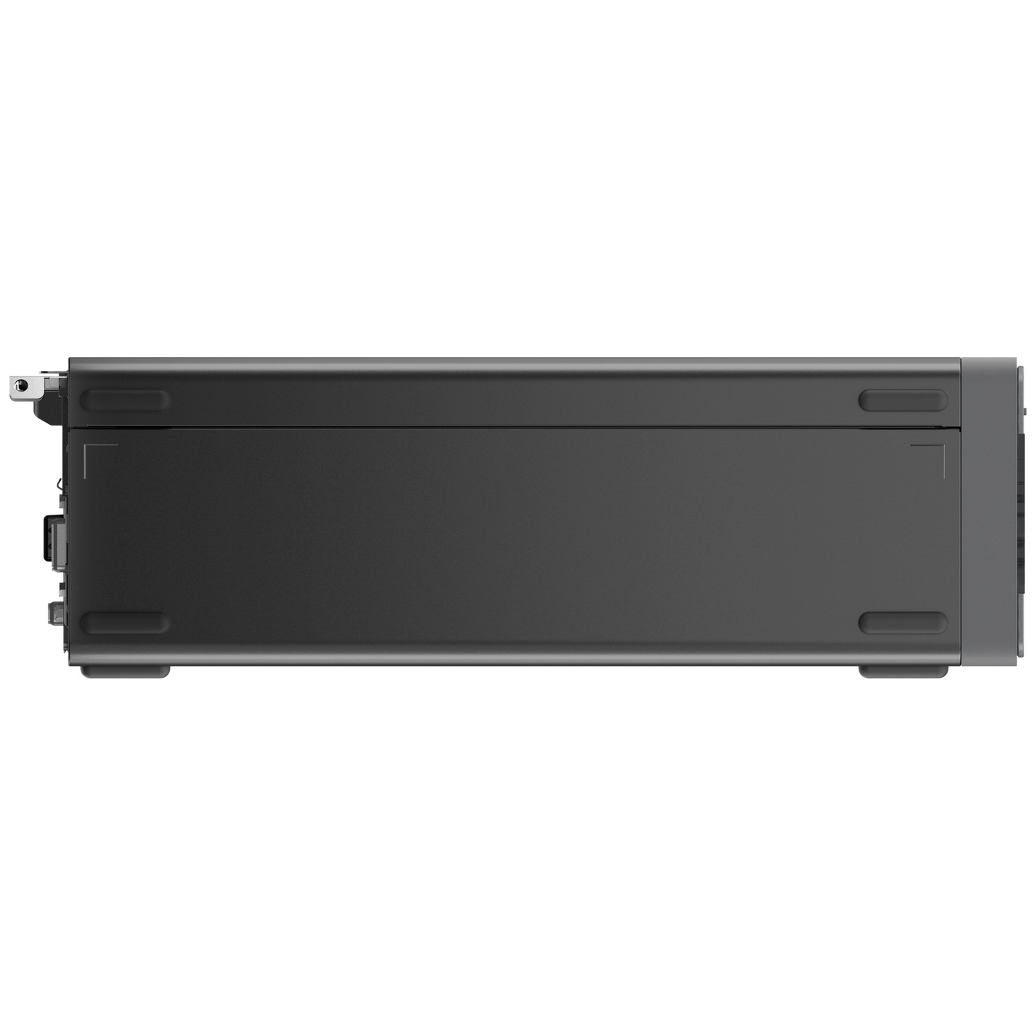 A dark gray rectangular device is centered, showing its side profile. It has a flat top and bottom with rounded corners.
