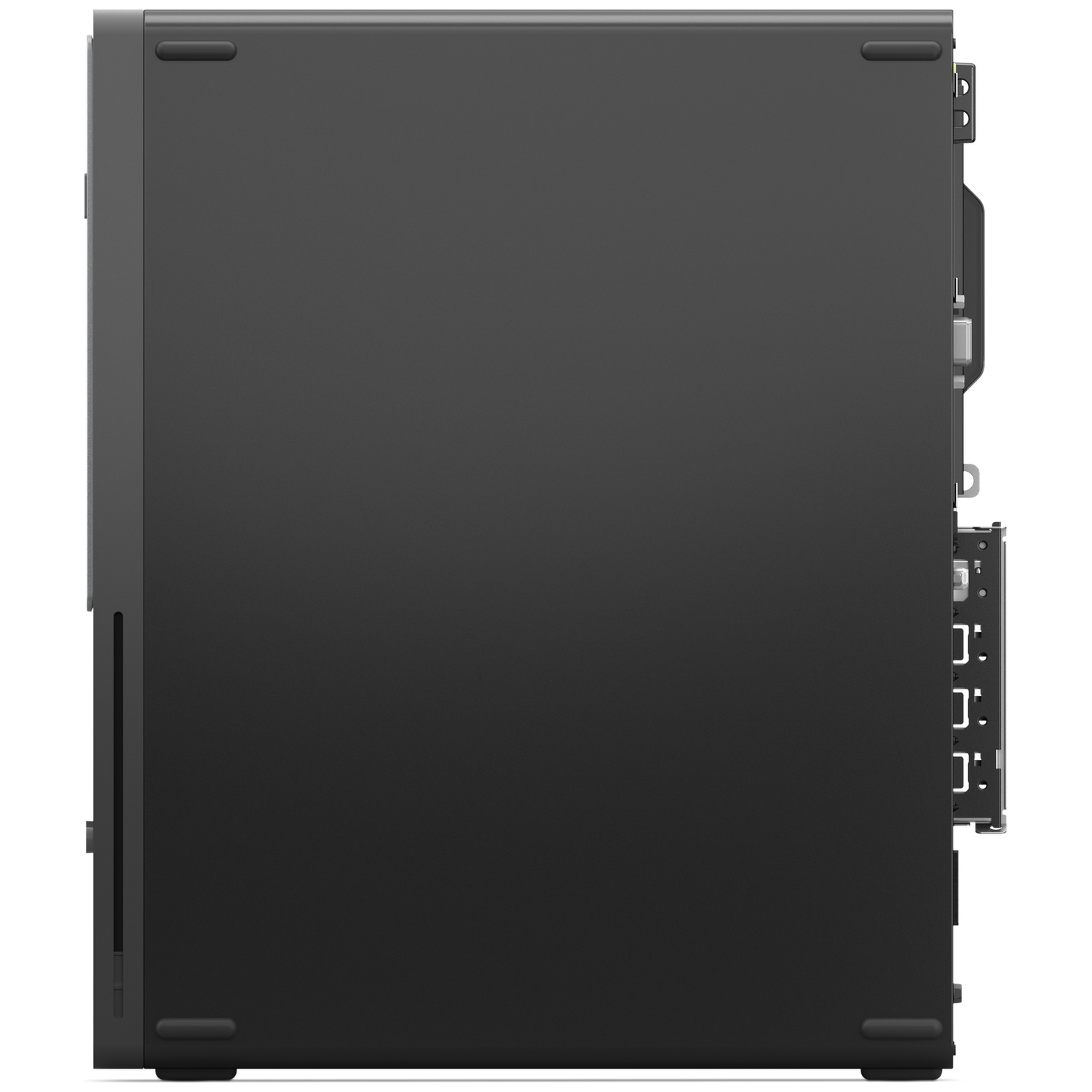 Side view of a black desktop computer case. Shows the side panel and ports. The case is rectangular with rounded corners.