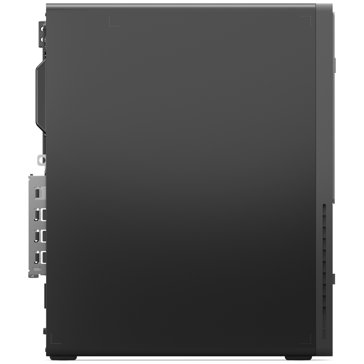 Side view of a black desktop computer case. It has a smooth, rectangular design with a few visible ports and ventilation.