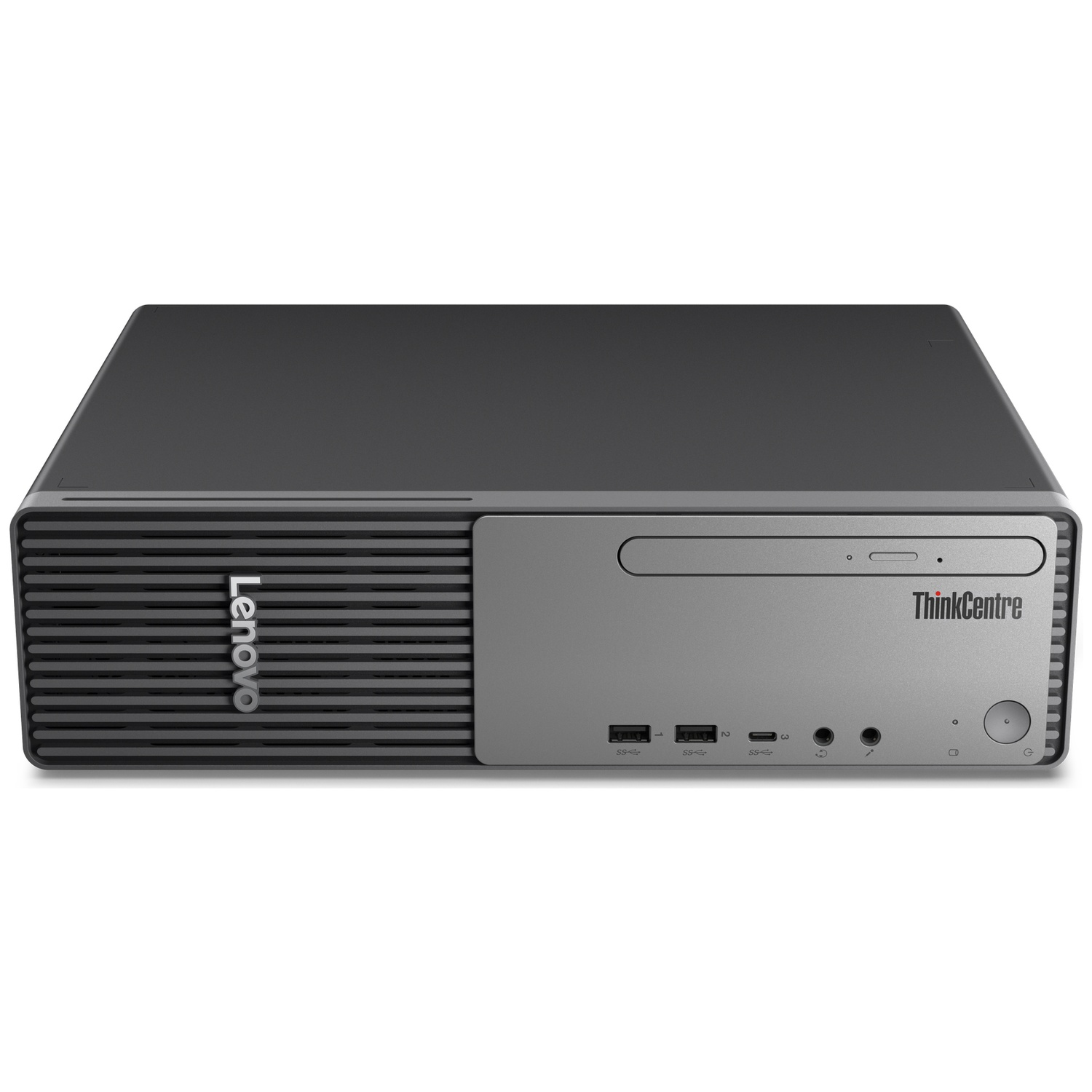 A Lenovo ThinkCentre desktop computer. It is gray and black with the Lenovo logo on the side and ThinkCentre on the front.