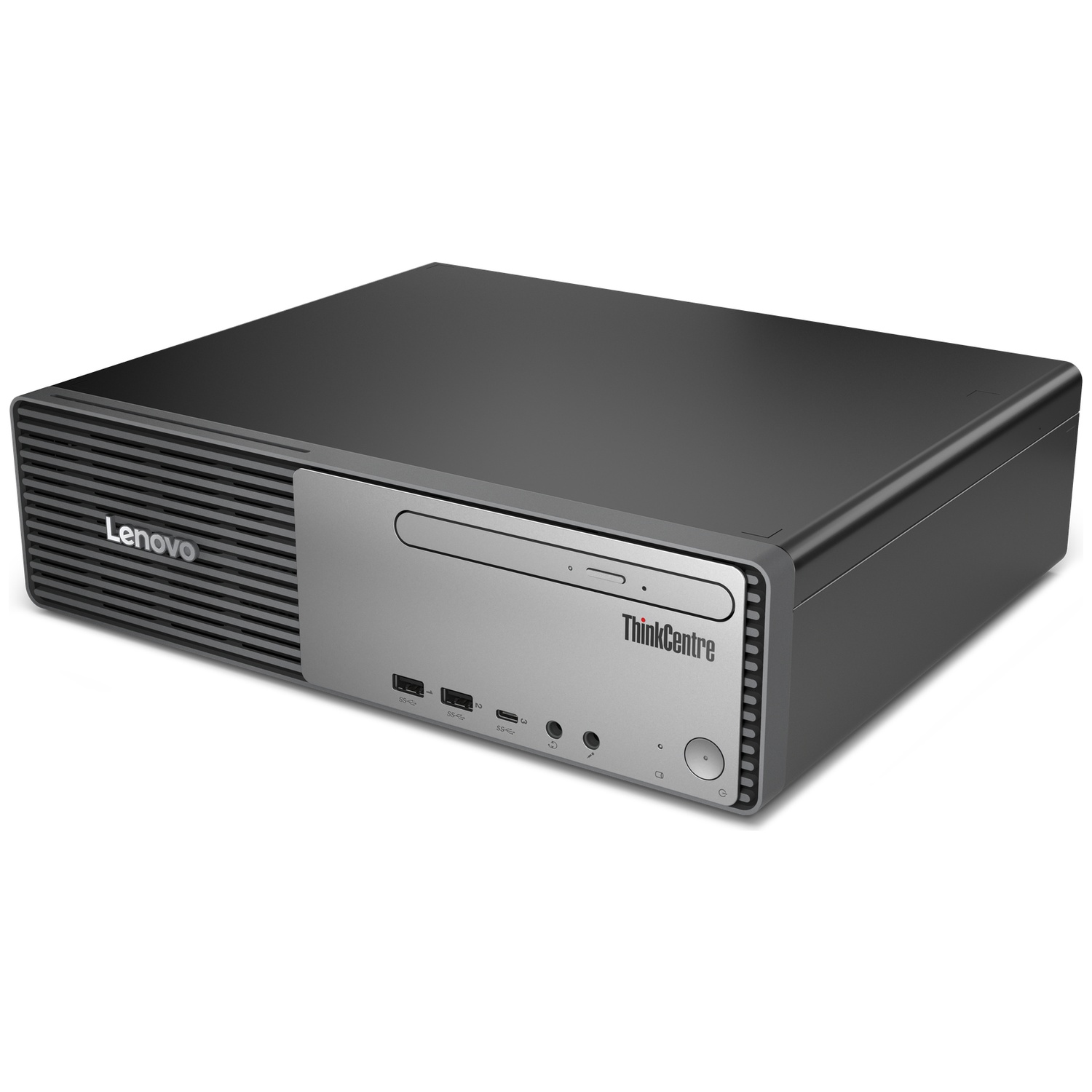 A Lenovo ThinkCentre desktop computer. It's black and gray, with the Lenovo logo. The front has a CD-ROM drive and ports.