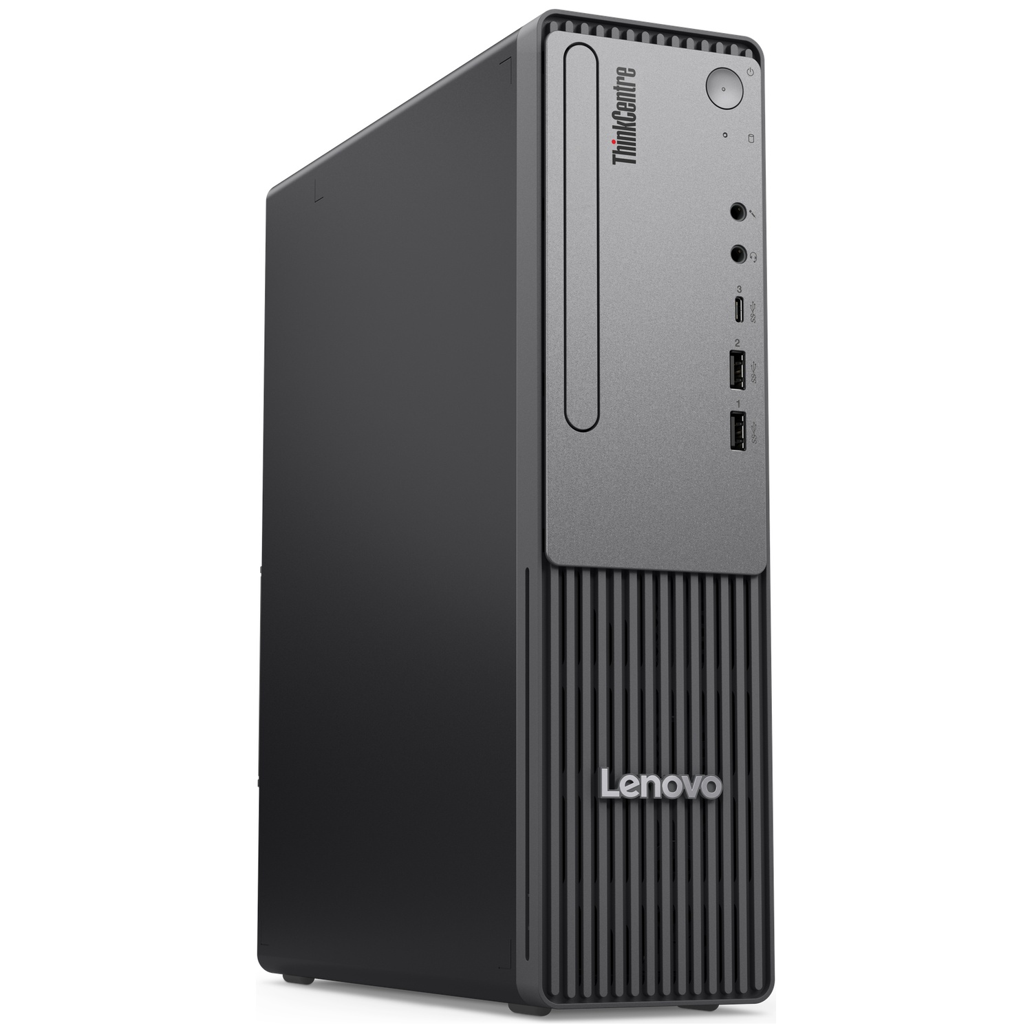 A black Lenovo ThinkCentre desktop computer. It has a gray front panel with the ThinkCentre logo and Lenovo logo.