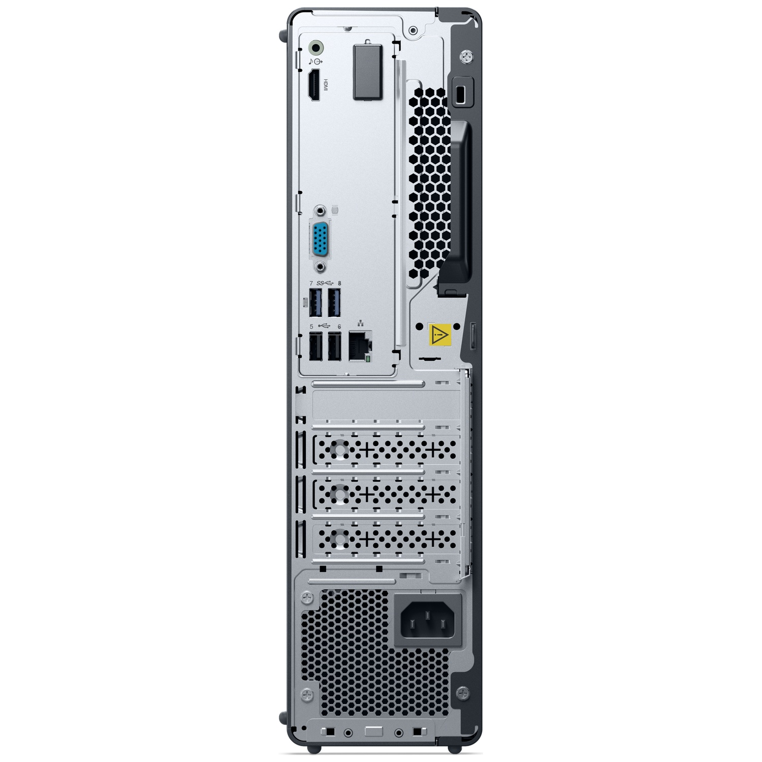 The back of a desktop computer, showing ports, vents, and a power supply. It has a handle for easy carrying. Gray and black.