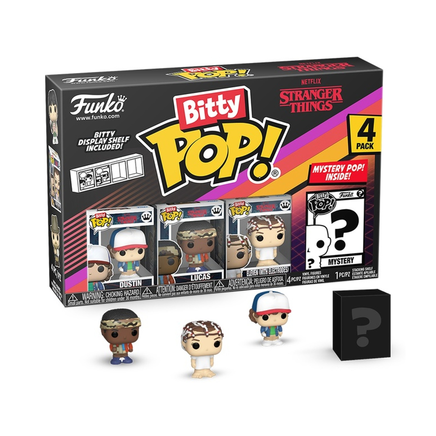Un set di scatole da 4 Bitty Pop! di Stranger Things con figurine di Dustin, Lucas, Eleven e un pop misterioso. Scatola nera.