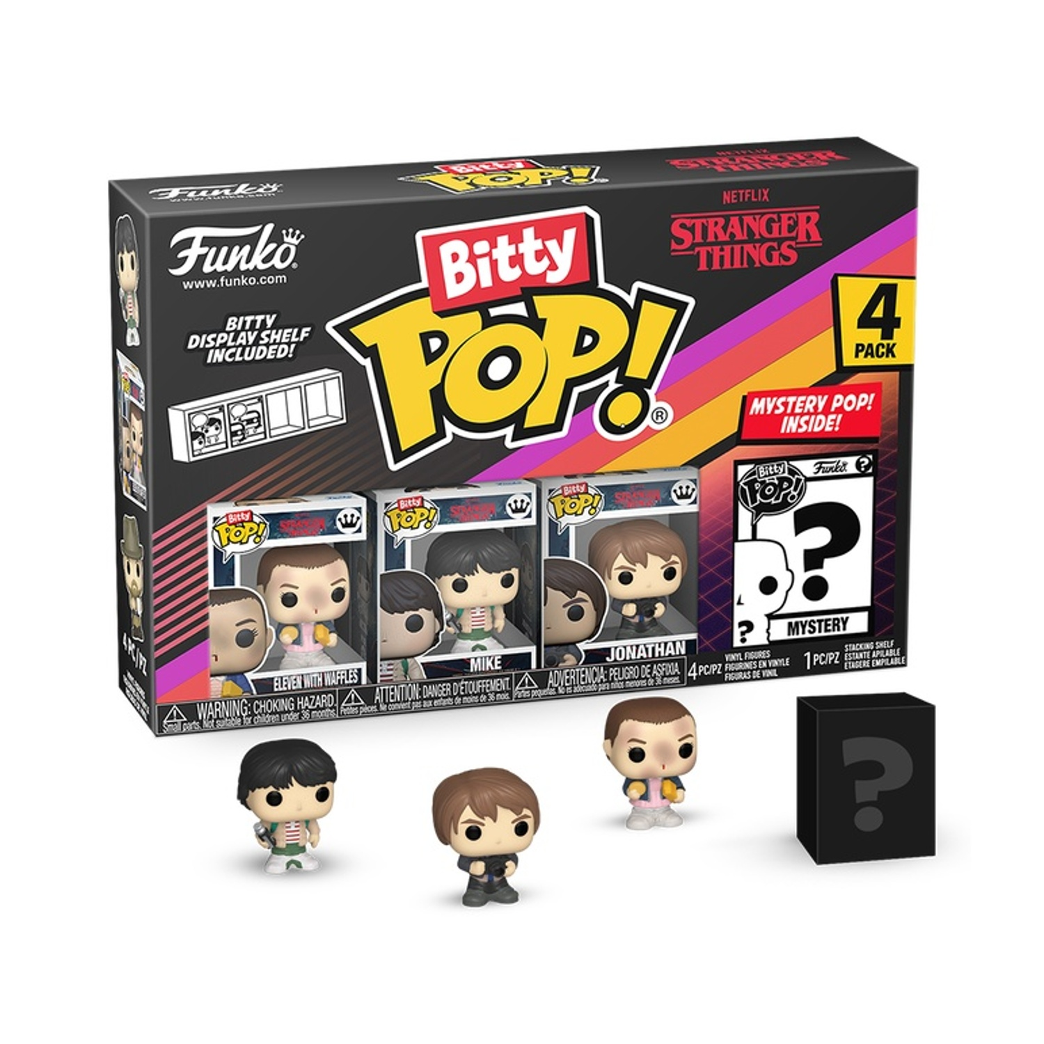 Un set scatola Stranger Things Bitty Pop!. Include quattro statuette e un pop misterioso. La scatola è nera con accenti colorati.