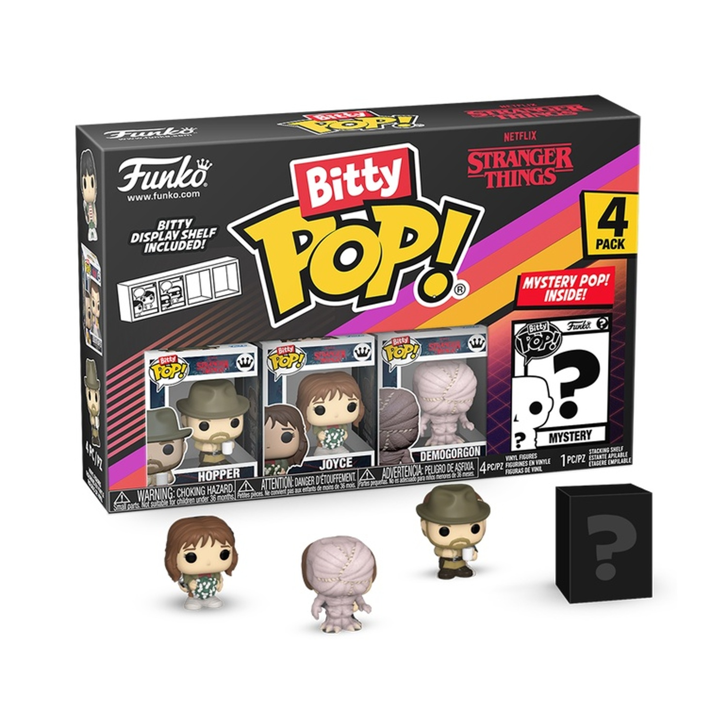 Un set di scatole Bitty Pop! di Stranger Things con quattro personaggi: Hopper, Joyce, Demogorgon e un personaggio misterioso.