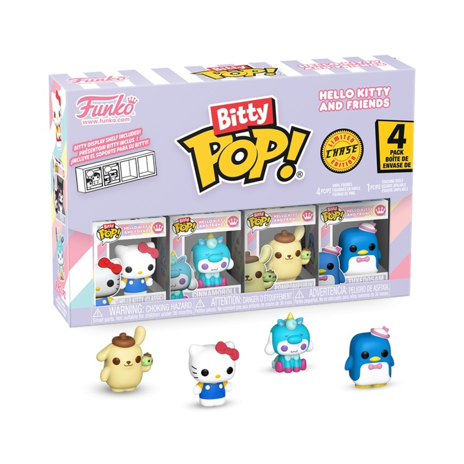Un set scatola Bitty Pop! di Hello Kitty and Friends. Include figurine di Hello Kitty, Cinnamoroll e altri personaggi.