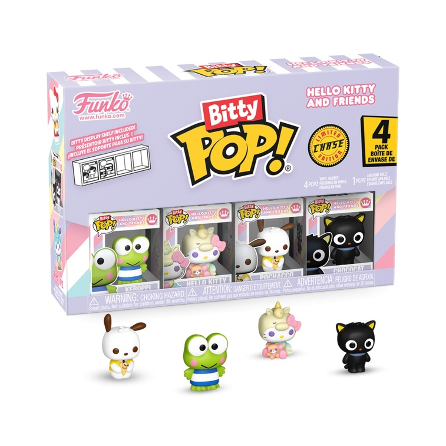 Un set di scatole Bitty Pop di Hello Kitty and Friends. Include quattro statuette: Keroppi, Pochacco, Hello Kitty e Chococat.