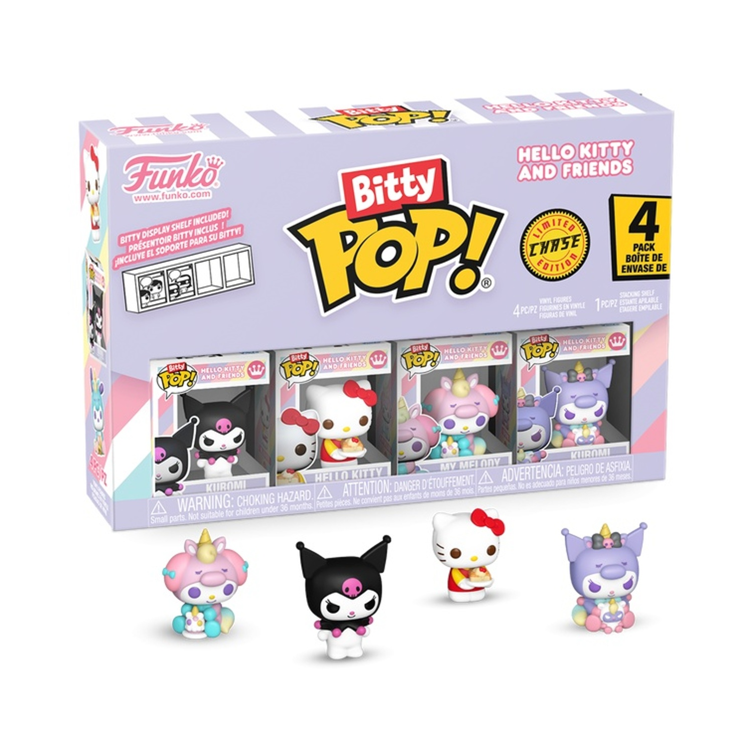 Set di scatole di personaggi Bitty Pop di Hello Kitty. Include Kuromi, My Melody e Hello Kitty. Una figura chase in edizione limitata è visibile.