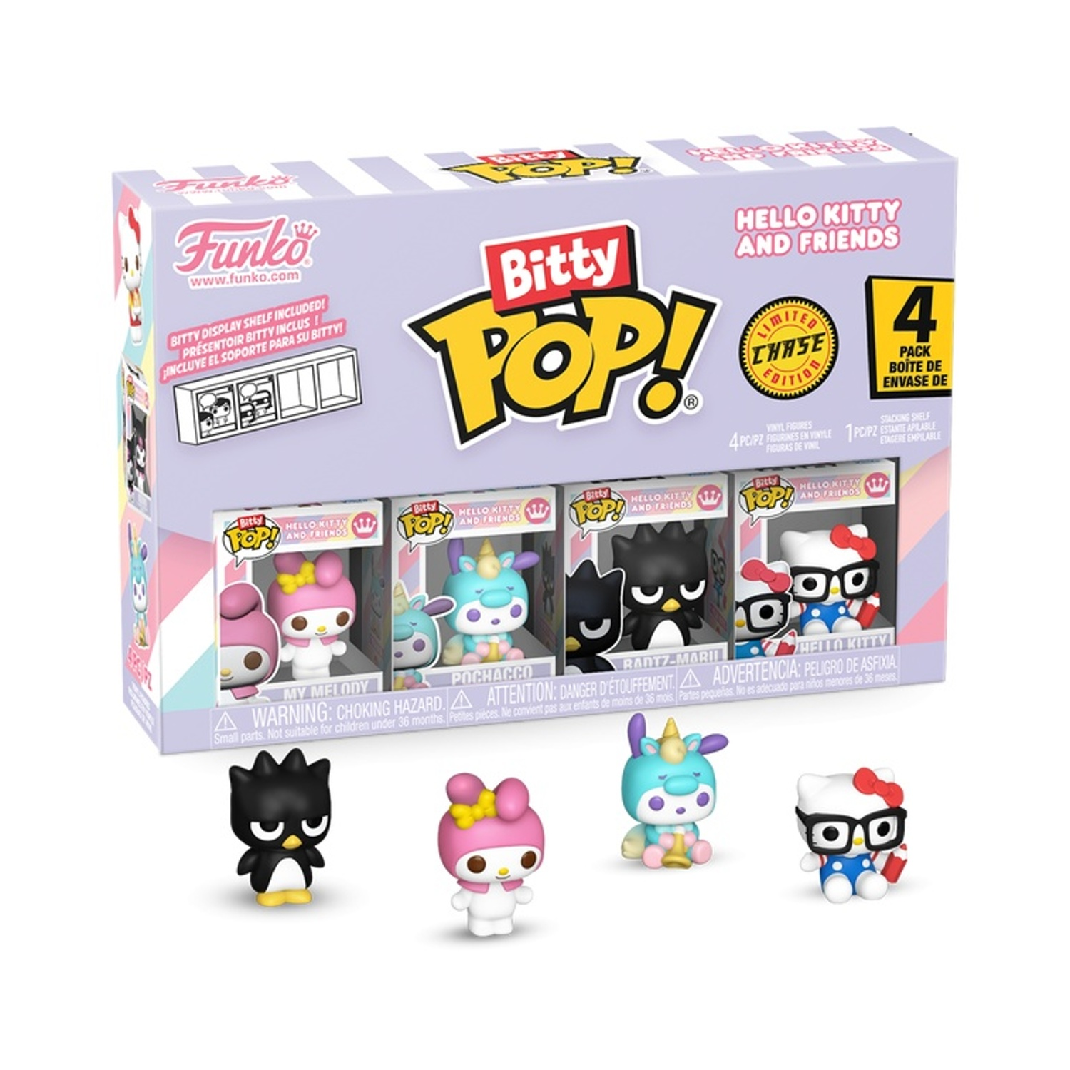 Un set scatola Bitty Pop di Hello Kitty and Friends. Include statuette di Hello Kitty, My Melody, Pochacco e Badtz-Maru.