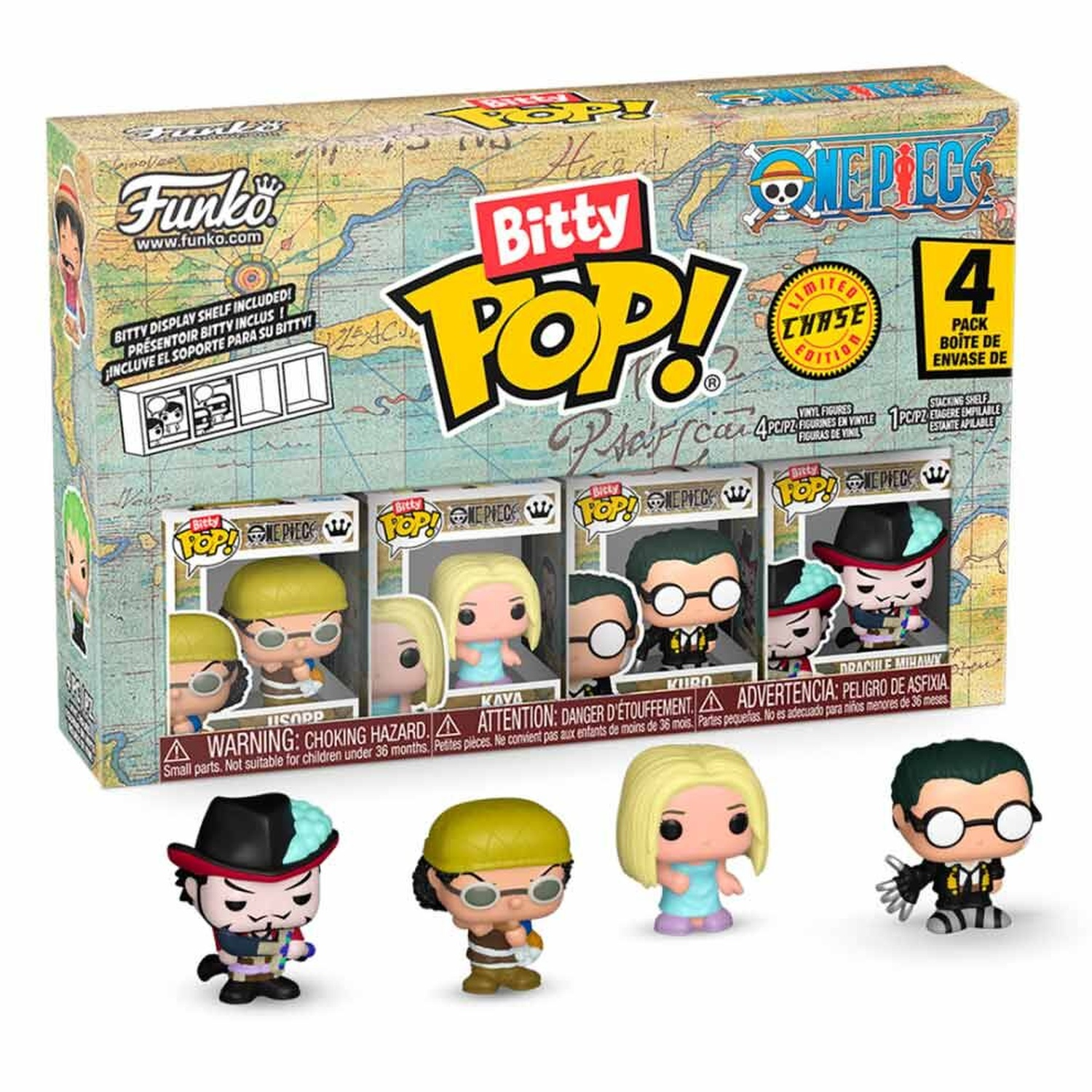 Un set di scatole Funko Bitty Pop con quattro personaggi di One Piece. Scatola e figure sono visibili.