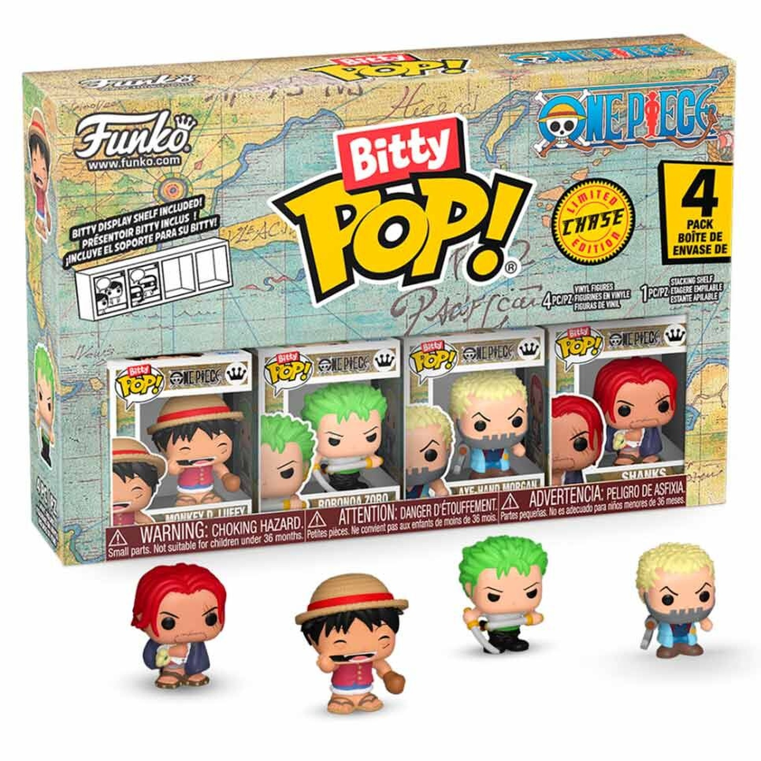 Set Funko Bitty Pop One Piece. Scatola con personaggi all'interno e quattro personaggi singoli davanti.