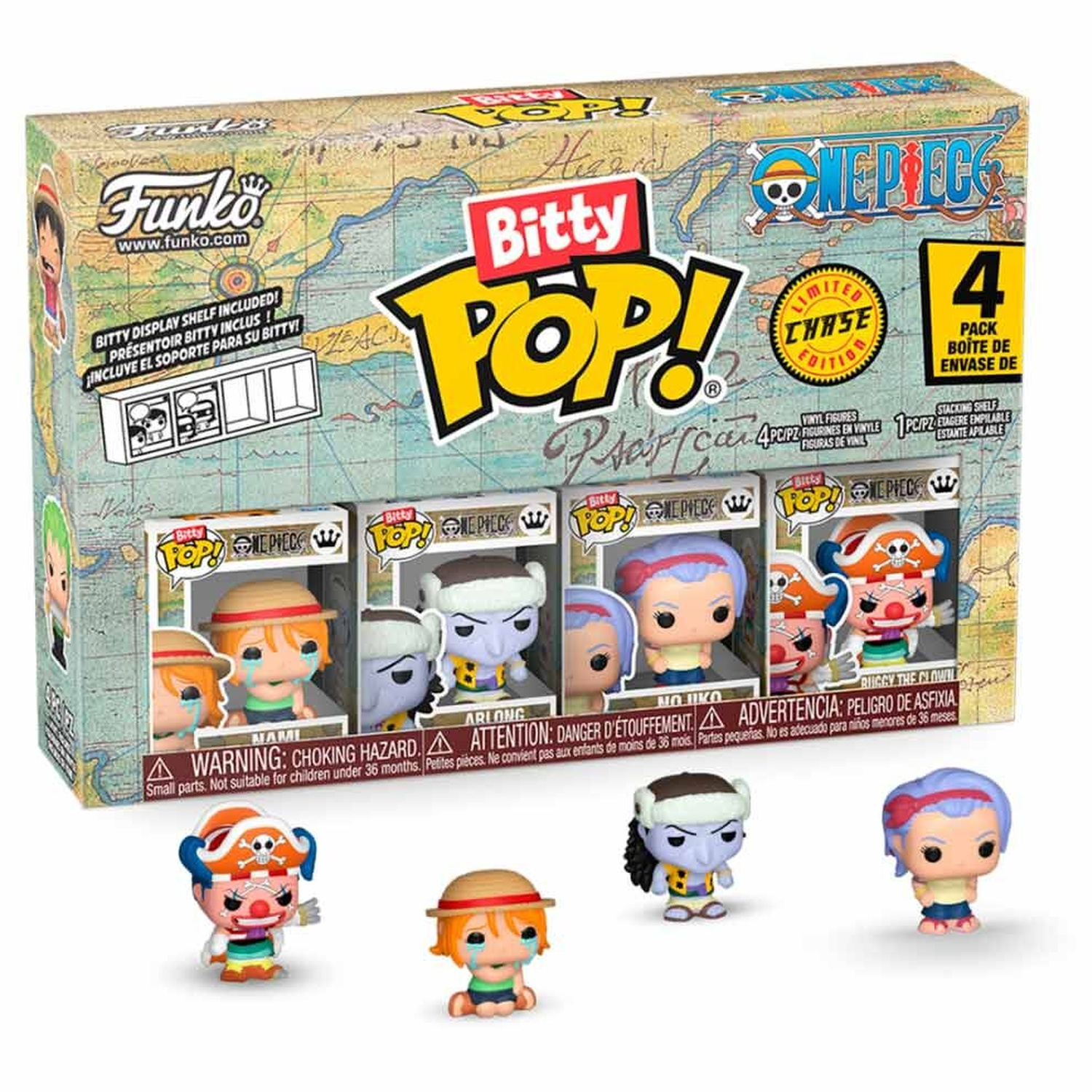 Set di figure Bitty Pop di One Piece. Include quattro figure e un espositore. I personaggi includono Nami e Buggy the Clown.