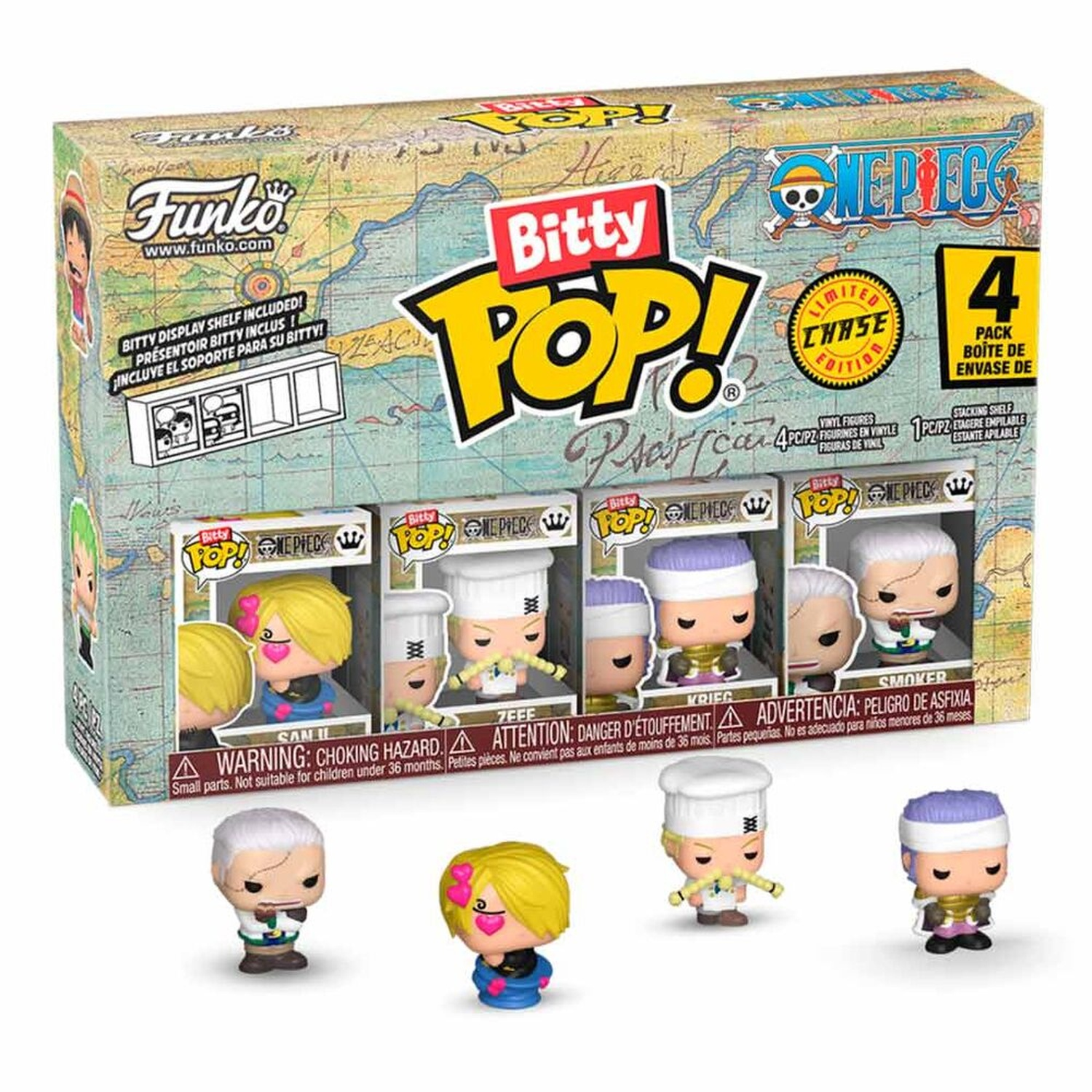 Set di scatole di personaggi di One Piece Bitty Pop. Include quattro personaggi. La scatola mostra i personaggi all'interno.