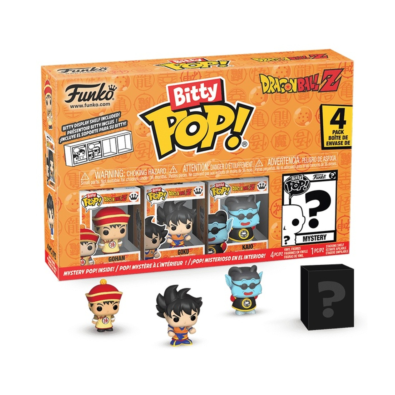 Set Funko Bitty Pop Dragon Ball Z. Include le figure di Gohan, Goku e Kaio. È presente anche una figura misteriosa.