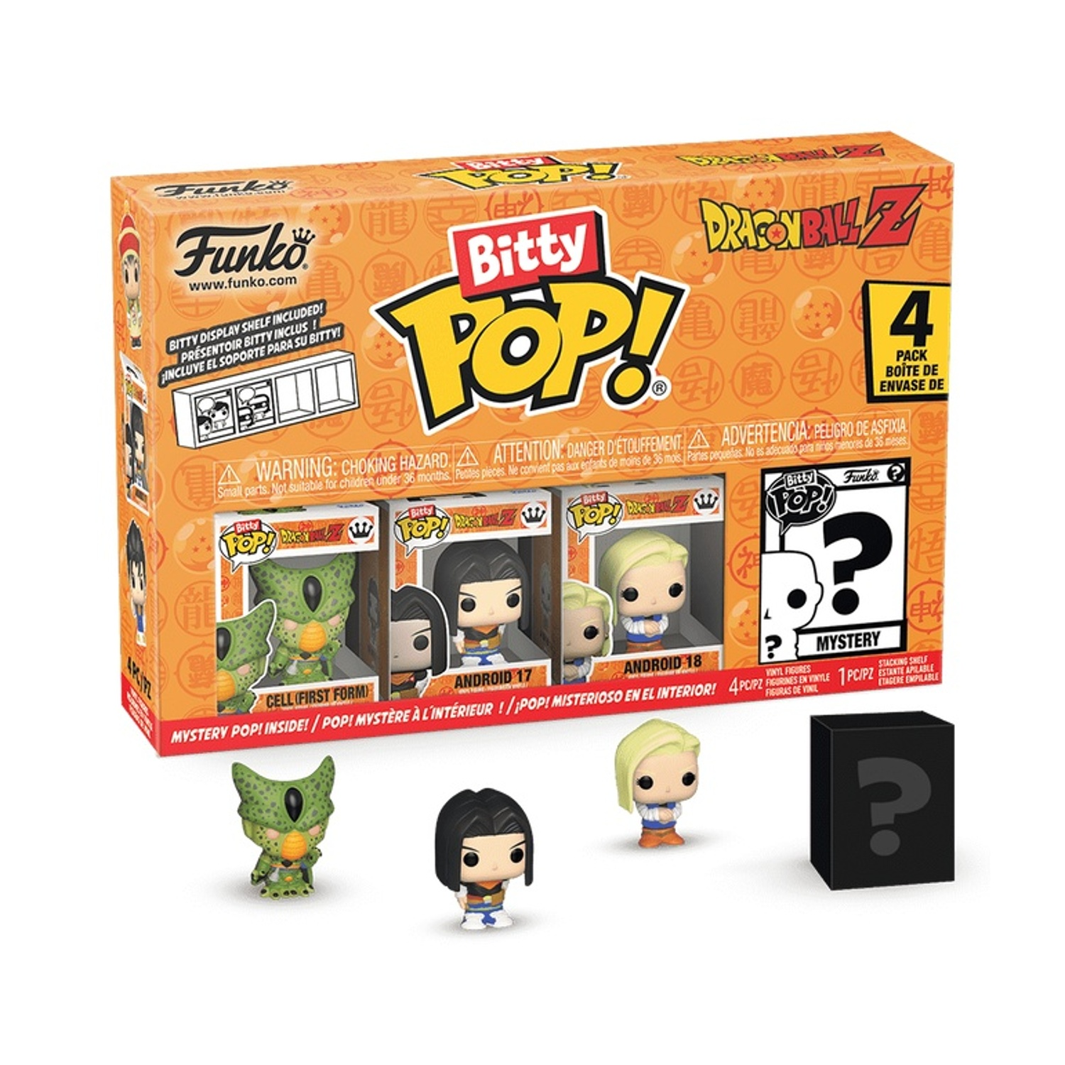 Set di scatole Funko Bitty Pop con personaggi di Dragon Ball Z. Include figure di Cell, Android 17 e 18 e una figura misteriosa.