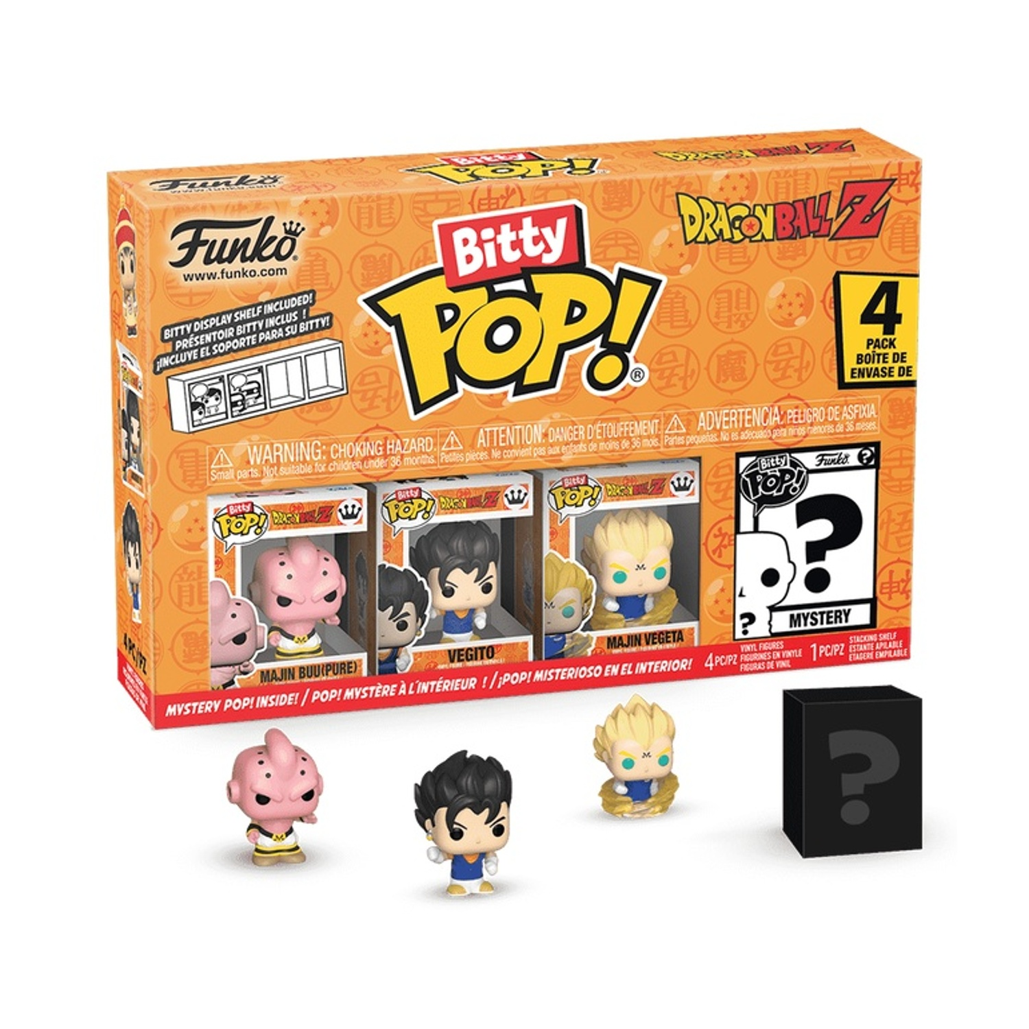 Set di scatole con personaggi di Dragon Ball Z. Include Majin Buu, Vegito, Majin Vegeta e un personaggio misterioso.