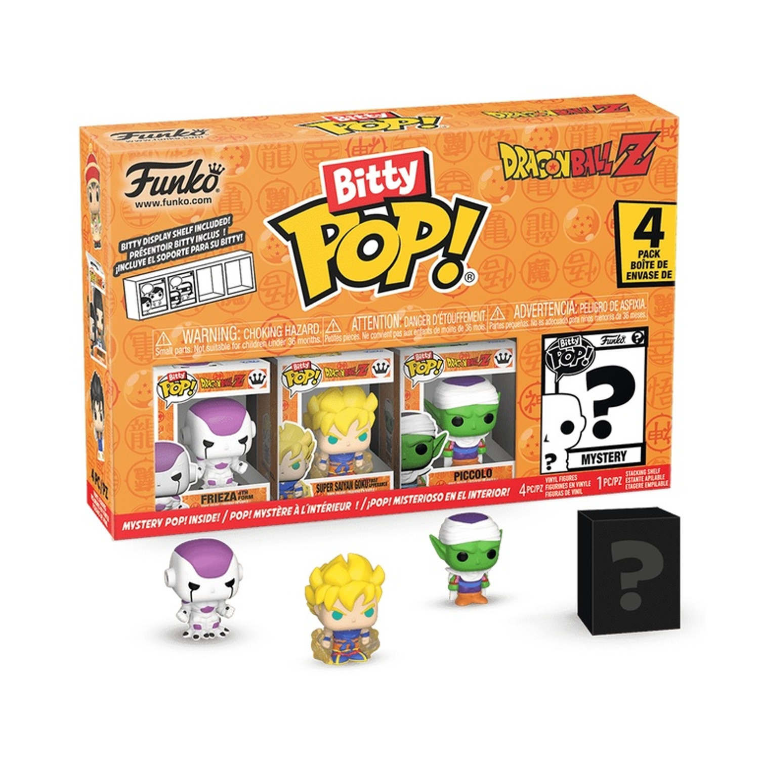Un set di scatole di personaggi Bitty Pop di Dragon Ball Z. Include Frieza, Goku, Piccolo e un personaggio misterioso.