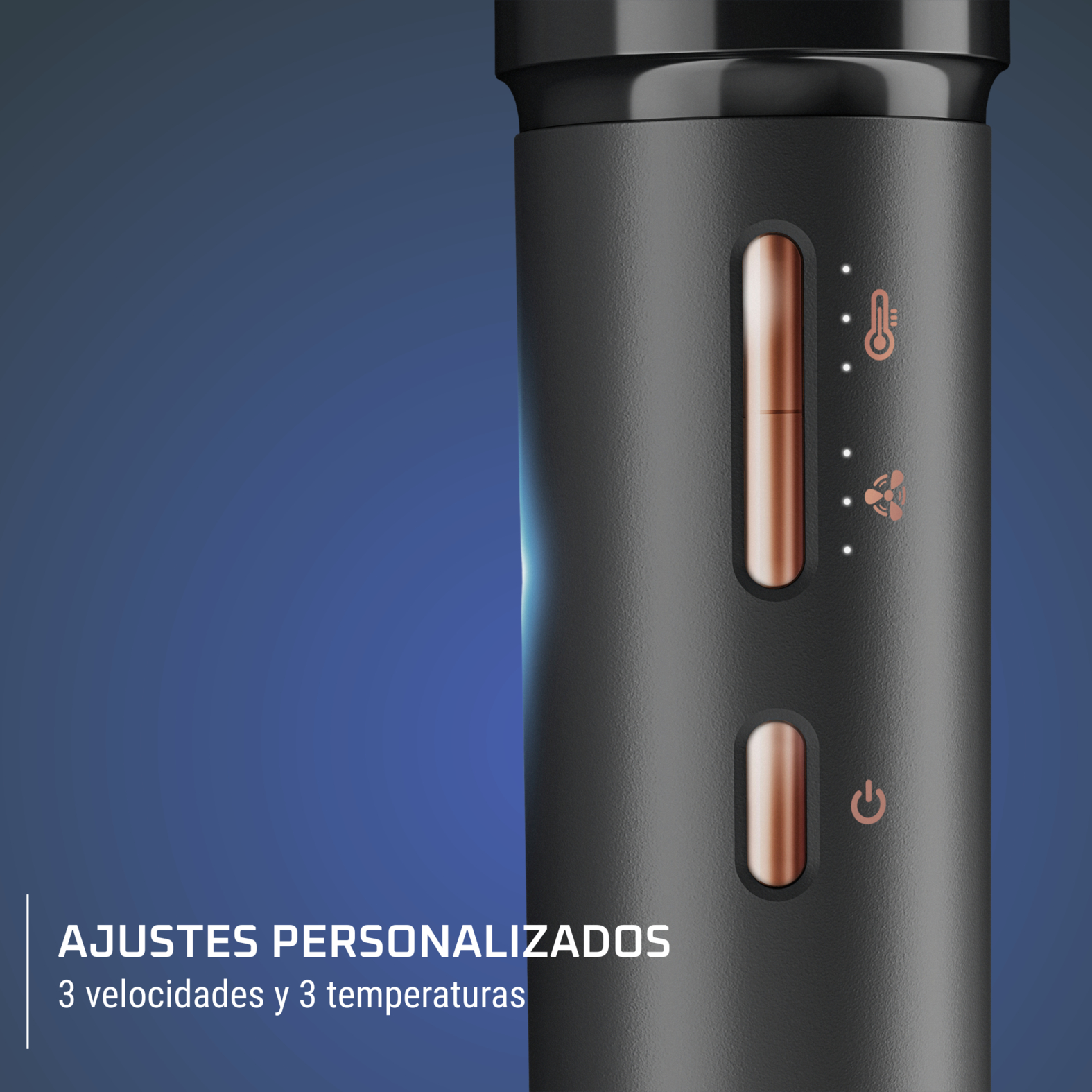 Rizador de pelo negro con detalles cobrizos. Tiene indicadores de temperatura y potencia. Texto: Ajustes personalizados, 3 velocidades y 3 temperaturas.