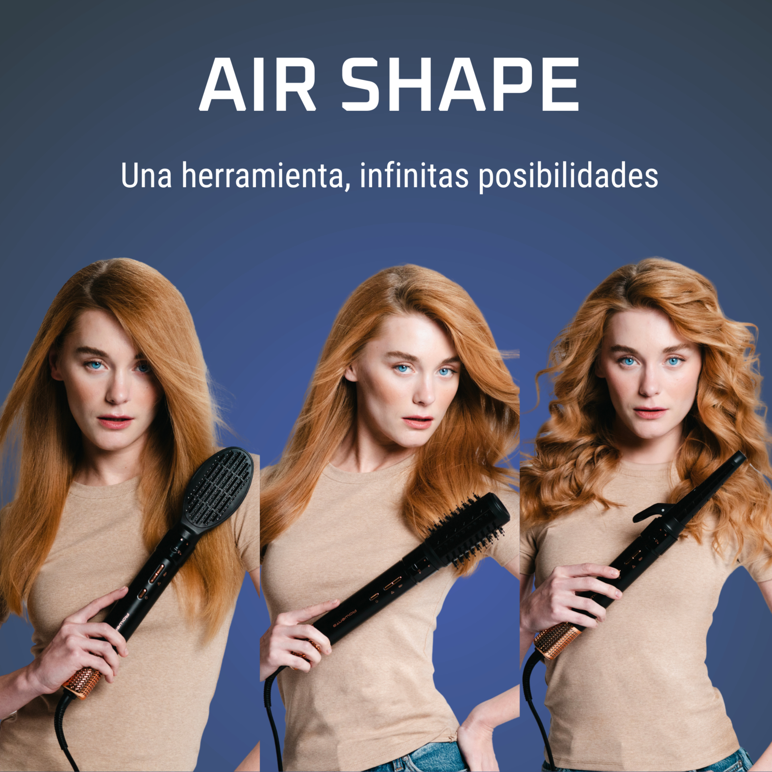 Imagen con tres mujeres pelirrojas, cada una con una herramienta de peinado diferente, sobre fondo azul, y el texto "AIR SHAPE".