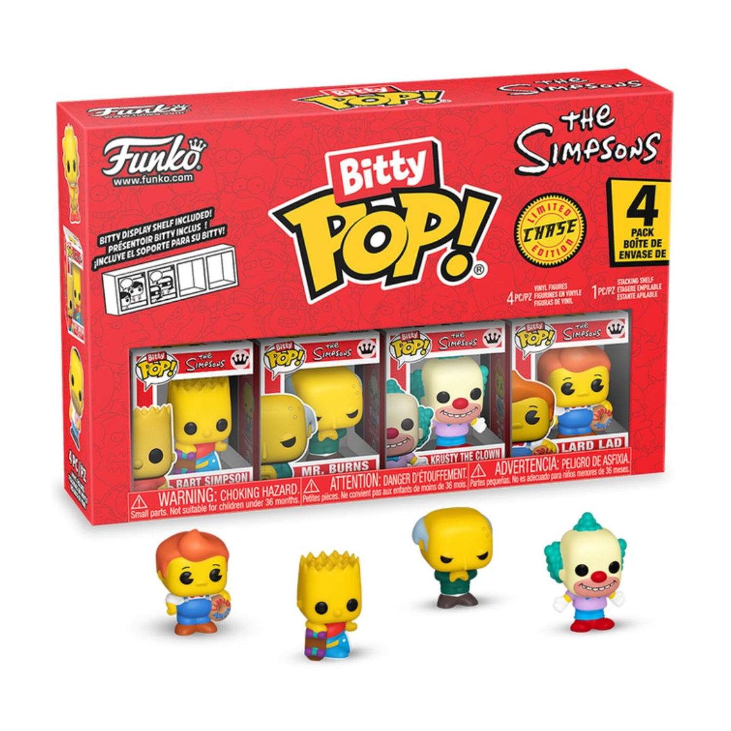 Il set scatola Bitty Pop! dei Simpson con quattro personaggi: Bart, Mr. Burns, Krusty e Lard Lad, con una mensola.