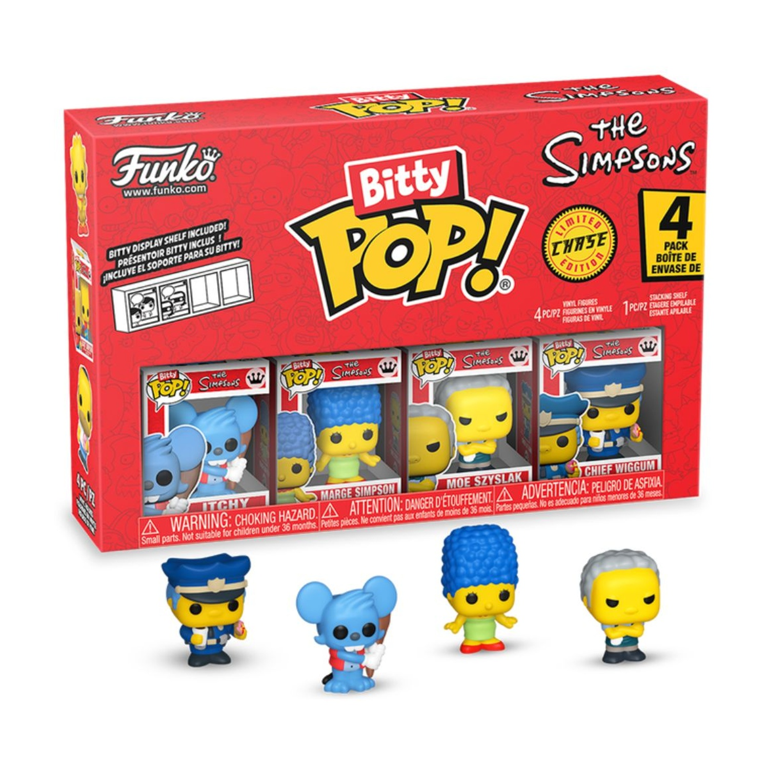 Set Simpsons Bitty Pop. Include i personaggi di Itchy, Marge, Moe e Chief Wiggum, con mensola.
