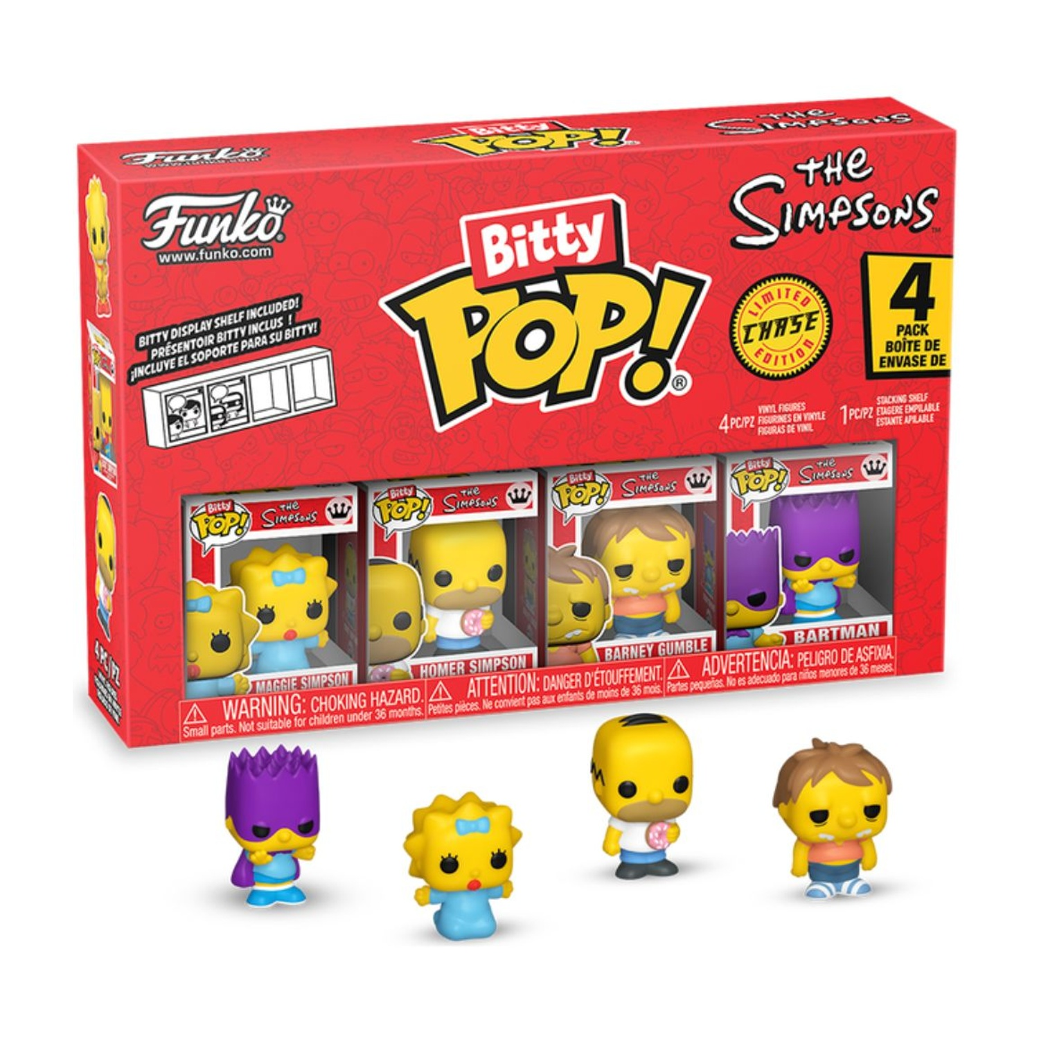 Set scatola Simpsons Bitty Pop! con quattro personaggi: Bartman, Maggie, Homer e Barney. L'artwork mostra i personaggi.