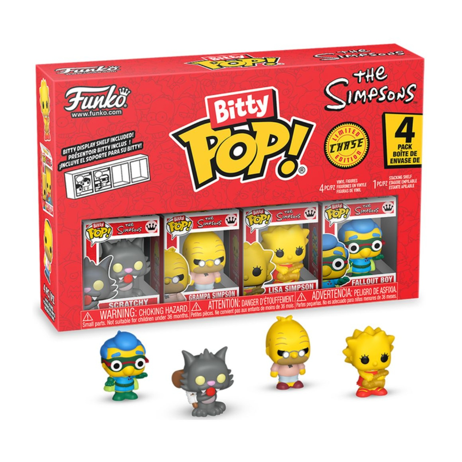 Un set di scatole di figure Funko Pop dei Simpson. La scatola è rossa e contiene quattro figure: Grattachecca, Nonno, Lisa e Ragazzo Radioattivo.