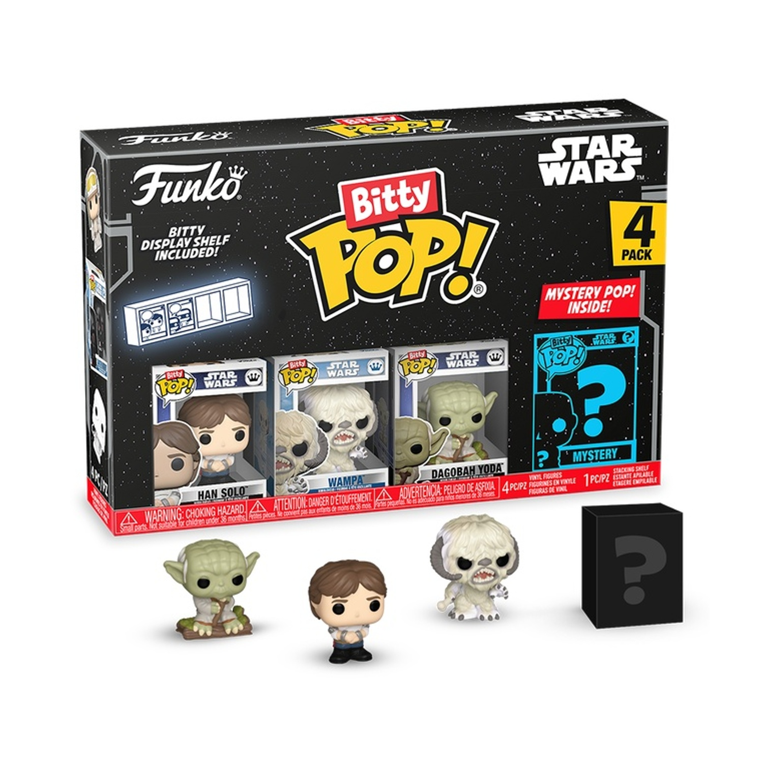 Un set di scatole Star Wars Funko Bitty Pop con personaggi di Han Solo, Wampa, Yoda e un personaggio misterioso.