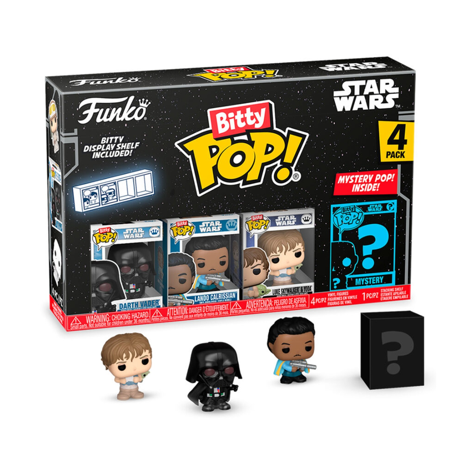 Un set di scatole Star Wars Funko Bitty Pop con quattro figure e una scatola misteriosa.