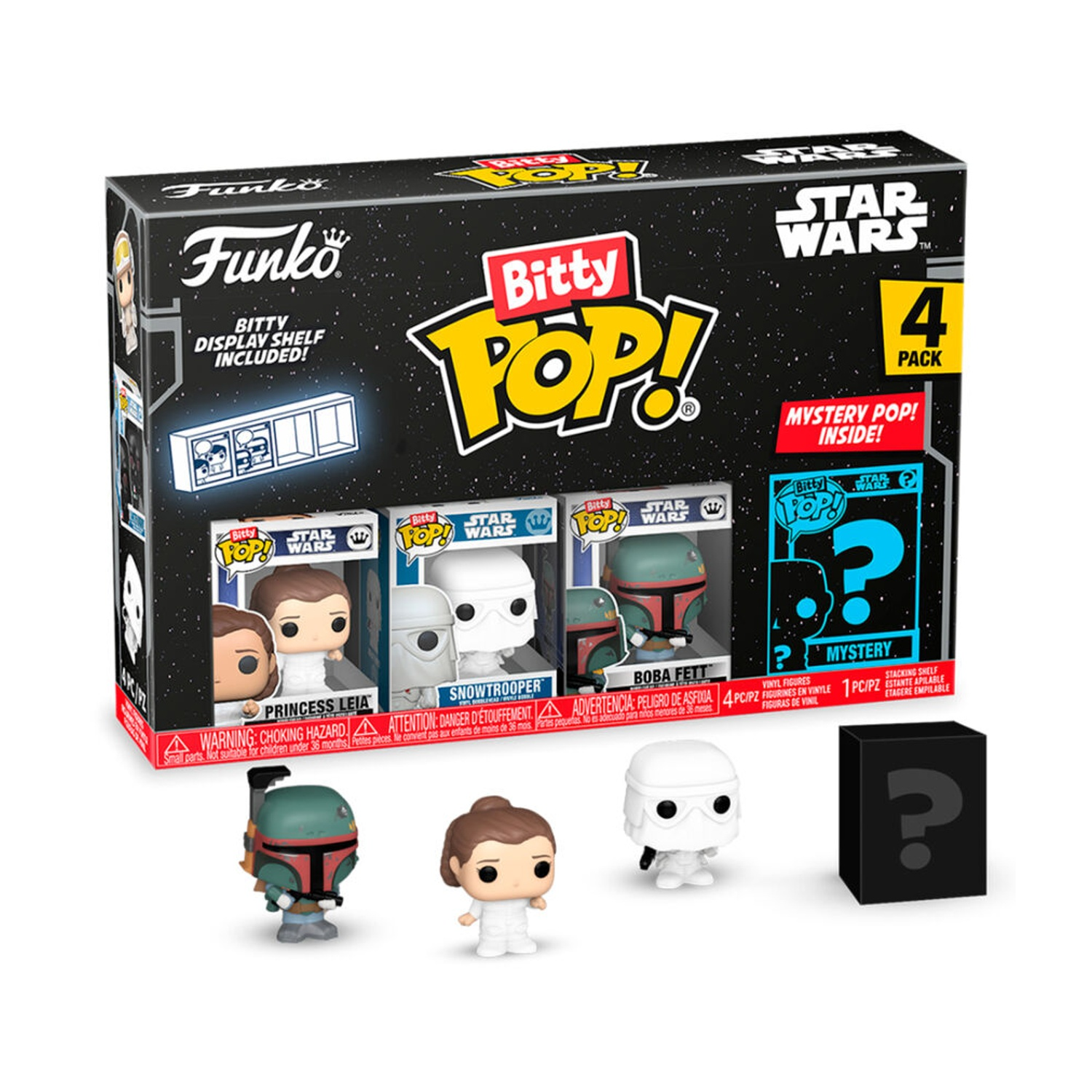 Un Funko Bitty Pop! Star Wars confezione da 4, tra cui le figure di Principessa Leia, Snowtrooper, Boba Fett e una figura misteriosa.