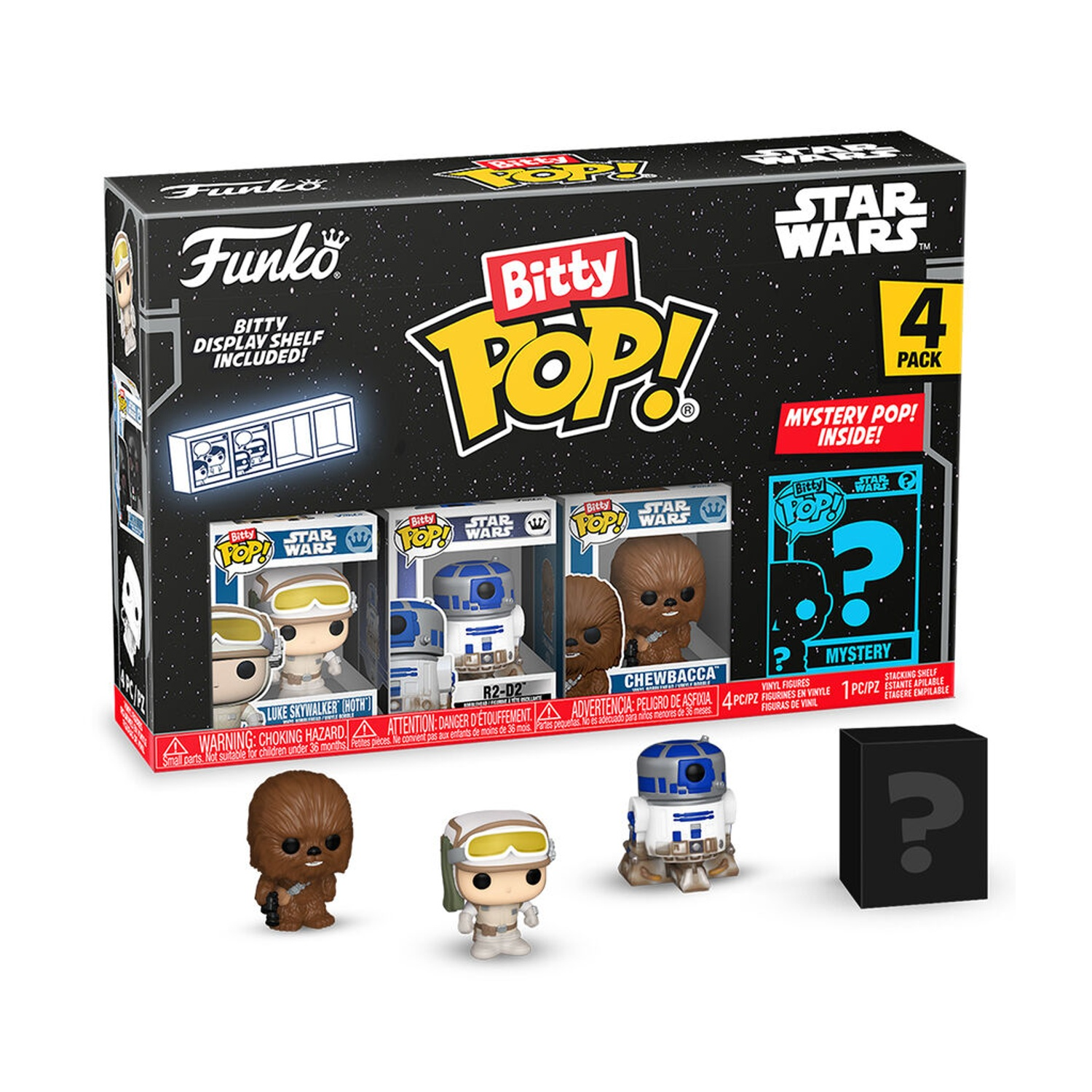Set scatola Star Wars Bitty Pop! da 4 con personaggi di Chewbacca, R2-D2 e Luke Skywalker. È presente anche un personaggio misterioso.
