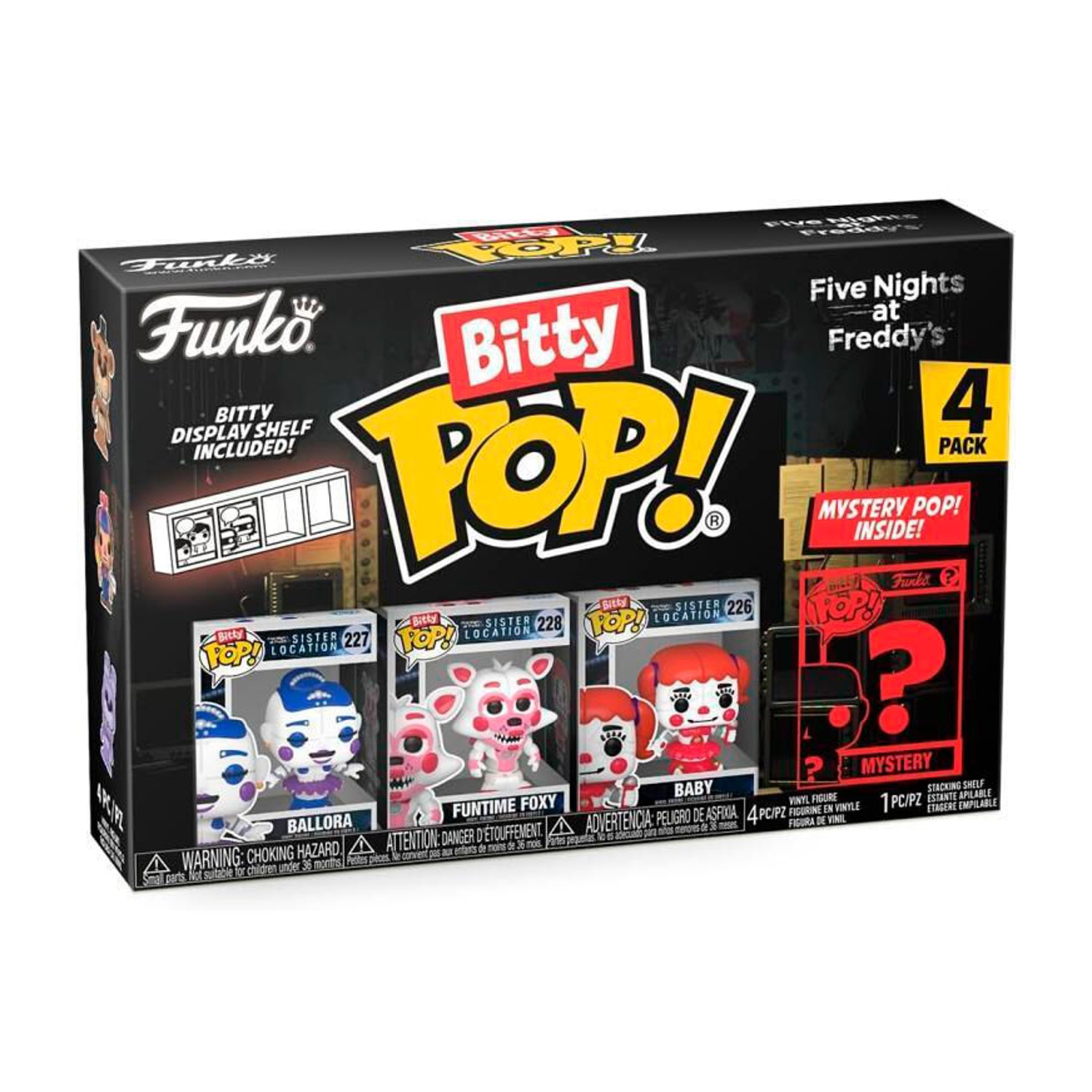 Illustrazione della scatola per un set Funko Bitty Pop!. Include le figure di Ballora, Funtime Foxy e Baby. È presente anche una figura misteriosa.