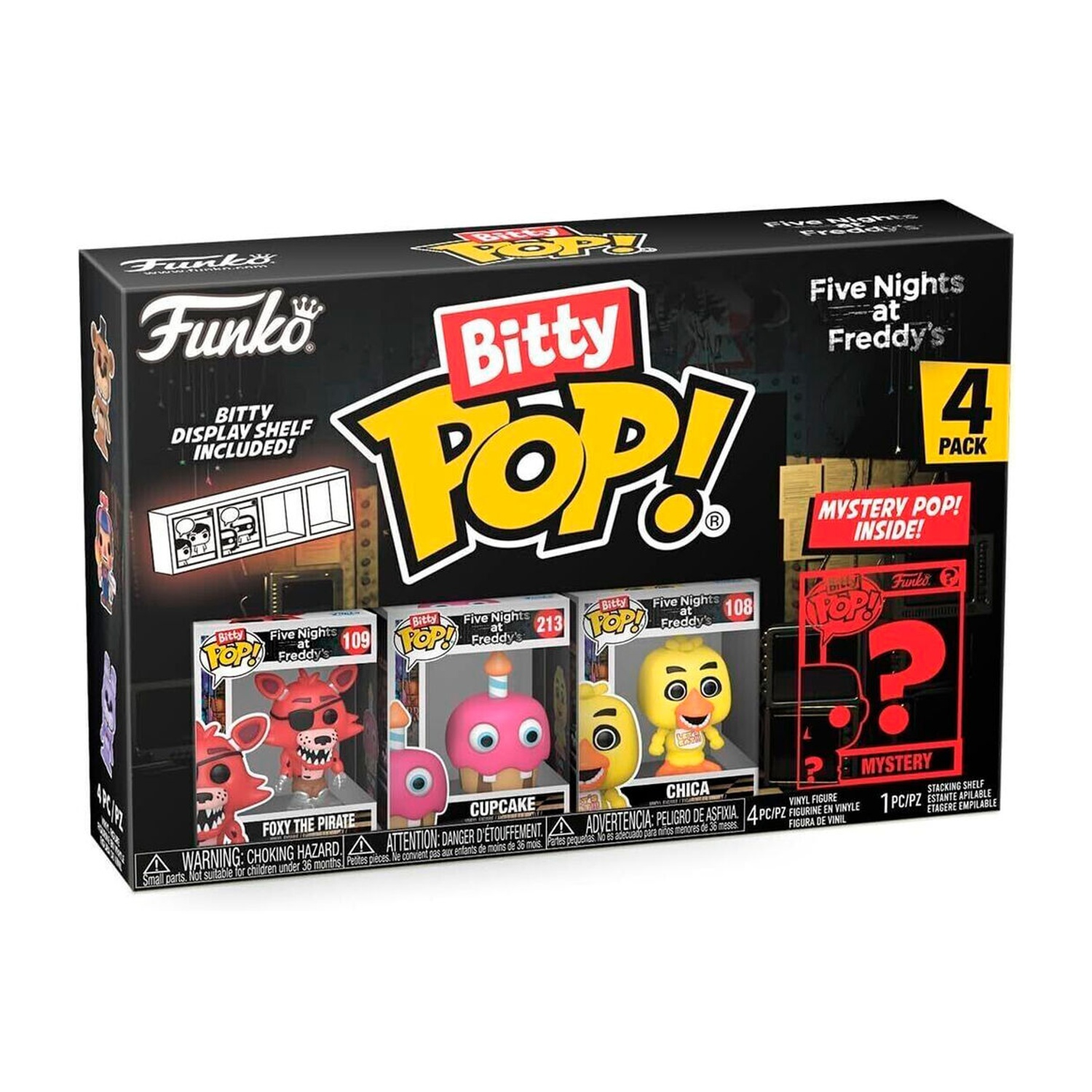 Un set scatola Funko Bitty Pop!. Include le figure di Foxy, Cupcake e Chica, con una figura misteriosa. La scatola è nera.