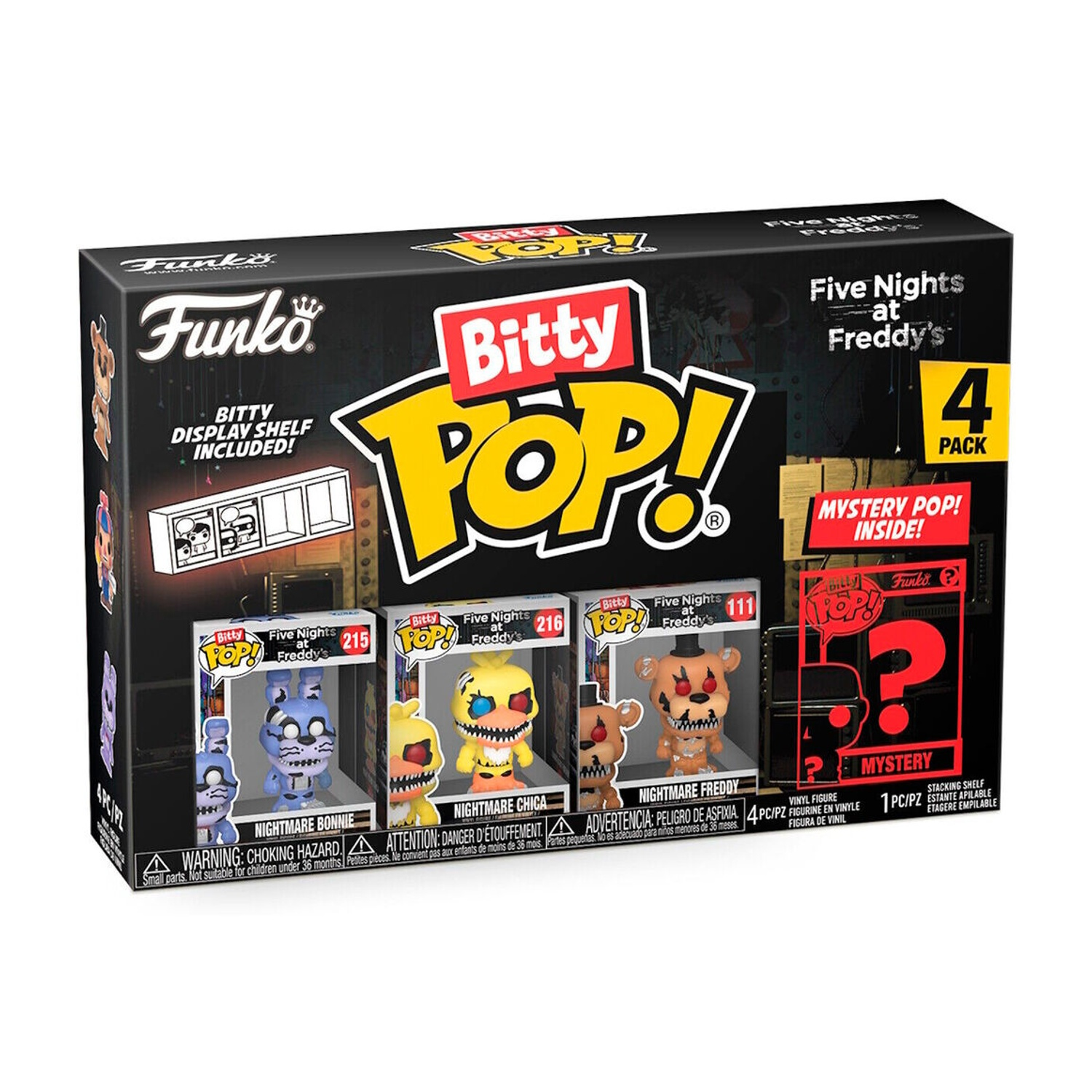 Set di scatole di personaggi Bitty Pop!. Include Nightmare Bonnie, Chica e Freddy. Include un personaggio misterioso.