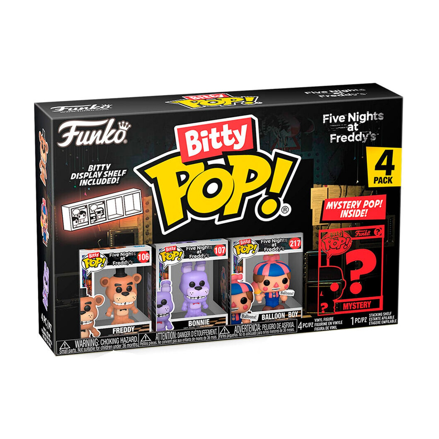 Box art delle figure Funko Bitty Pop!. Freddy, Bonnie e Balloon Boy sono visibili. È inclusa anche una figura misteriosa.