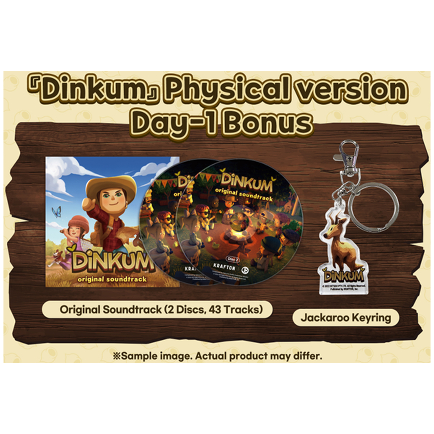 Afbeelding toont 'Dinkum' fysieke versie dag-1 bonus. Inclusief soundtrack-cd's, een Jackaroo-sleutelhanger en de game-cover.