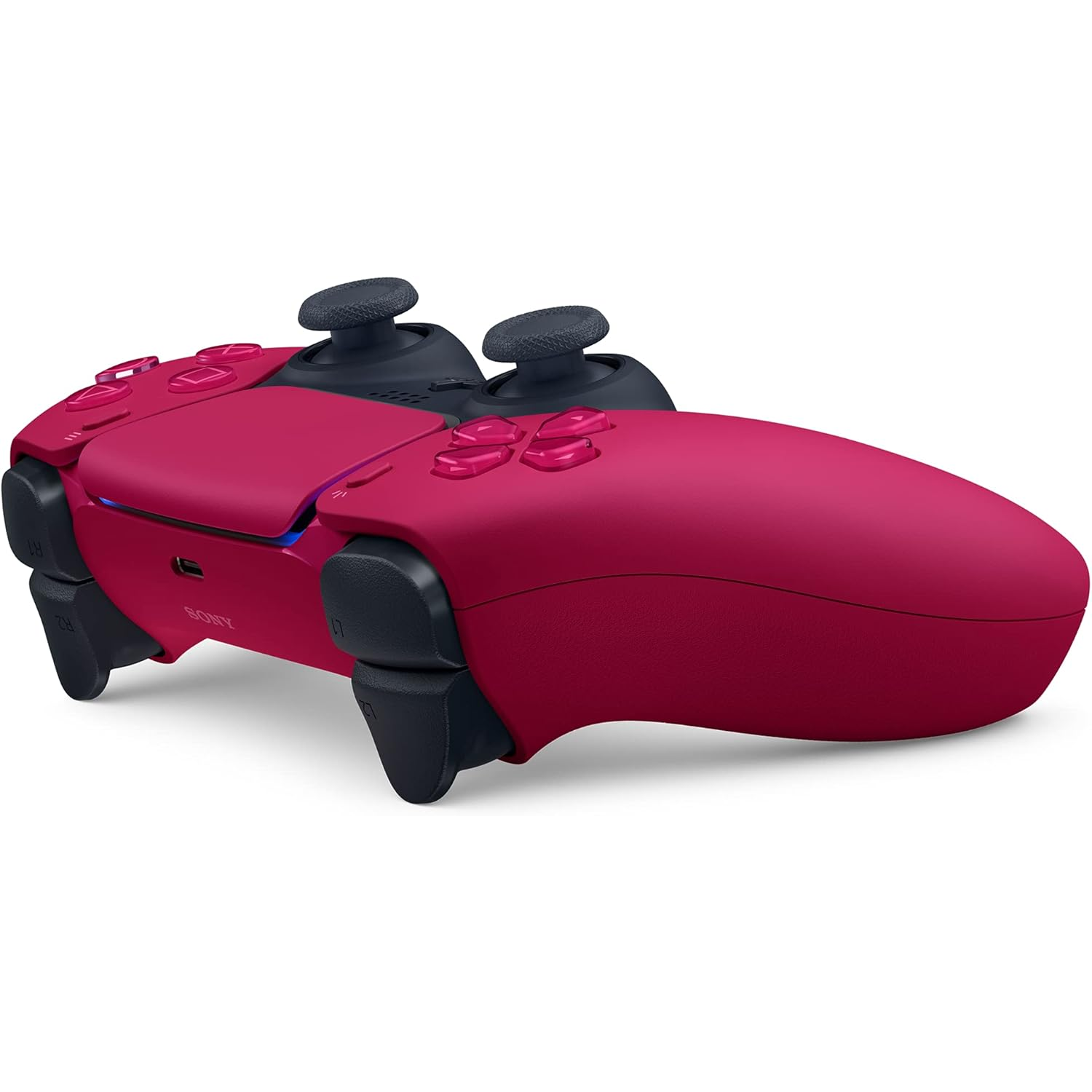 Een magenta PlayStation 5-controller. Voorzien van knoppen, joysticks en triggers. Het ontwerp is strak en ergonomisch.