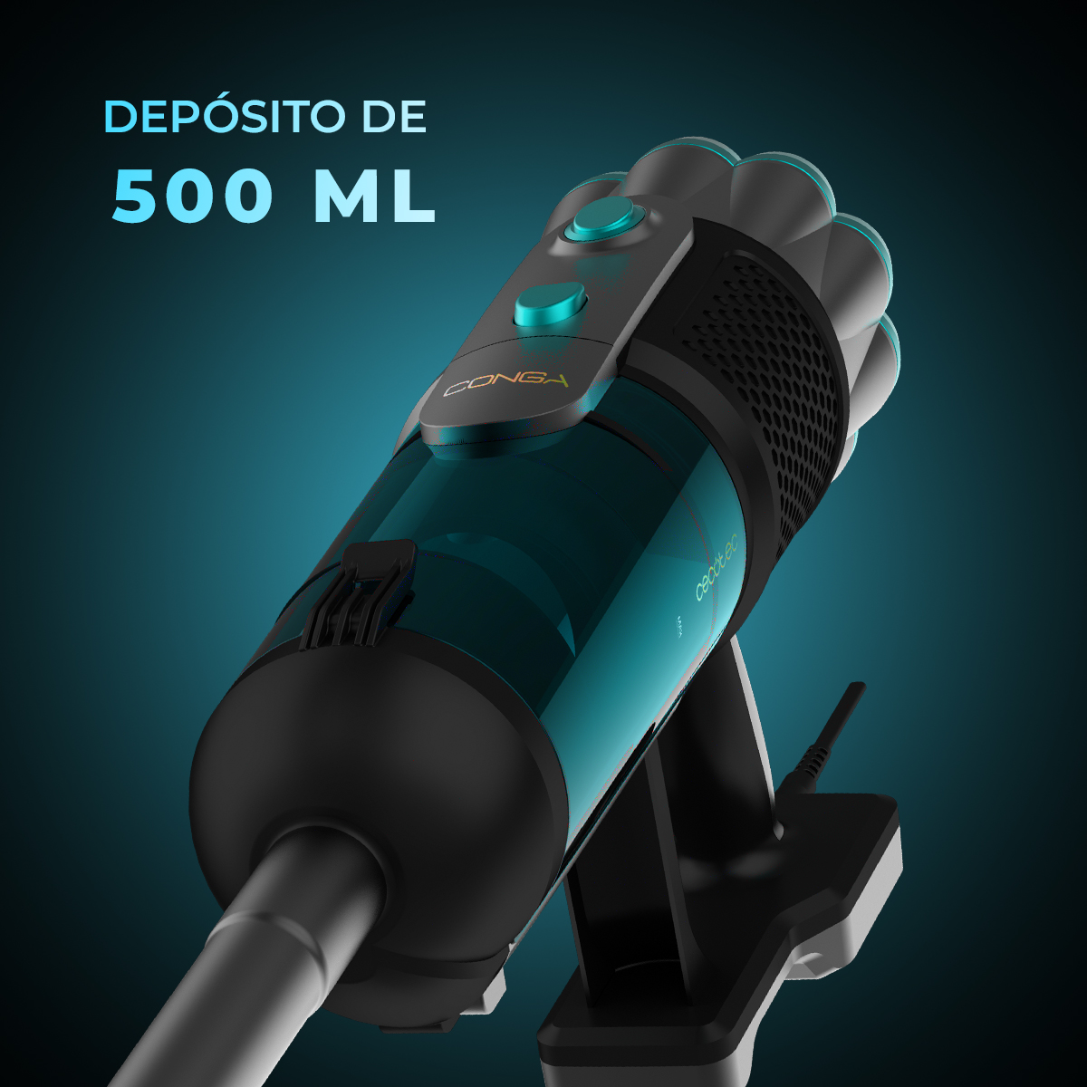 Una aspiradora de mano negra y verde azulado. El texto dice 'Depósito de 500 ml'. La aspiradora tiene una base de carga y un cable de alimentación.